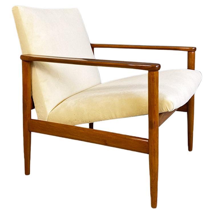 North European Midcentury Cream White Velvet and Solid Beech Armchair, 1960s For Sale