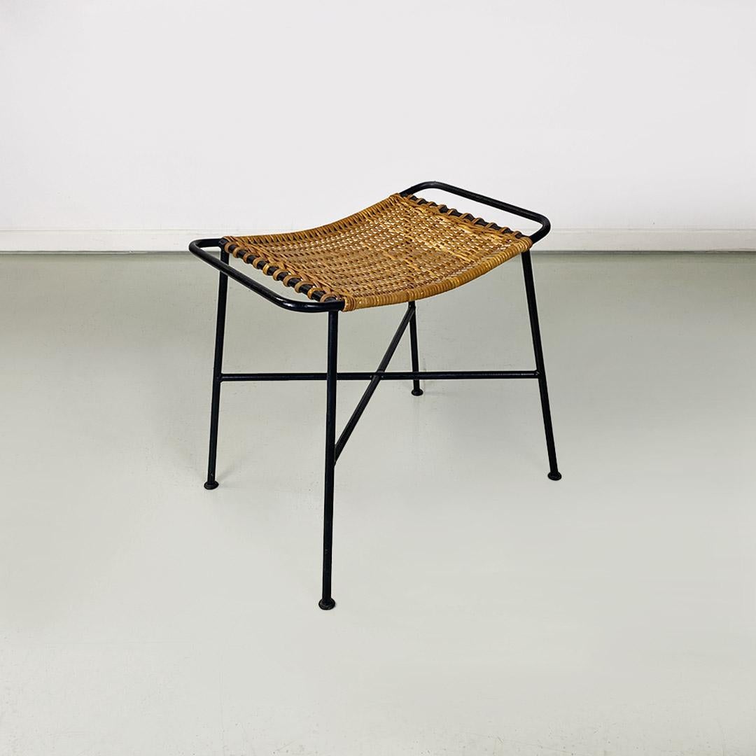 North European Mid-Century Modern Metal Rod and Rattan Stool or Footrest, 1960s 1