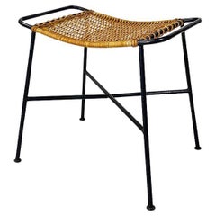 North European Mid-Century Modern Metal Rod and Rattan Stool or Footrest, 1960s