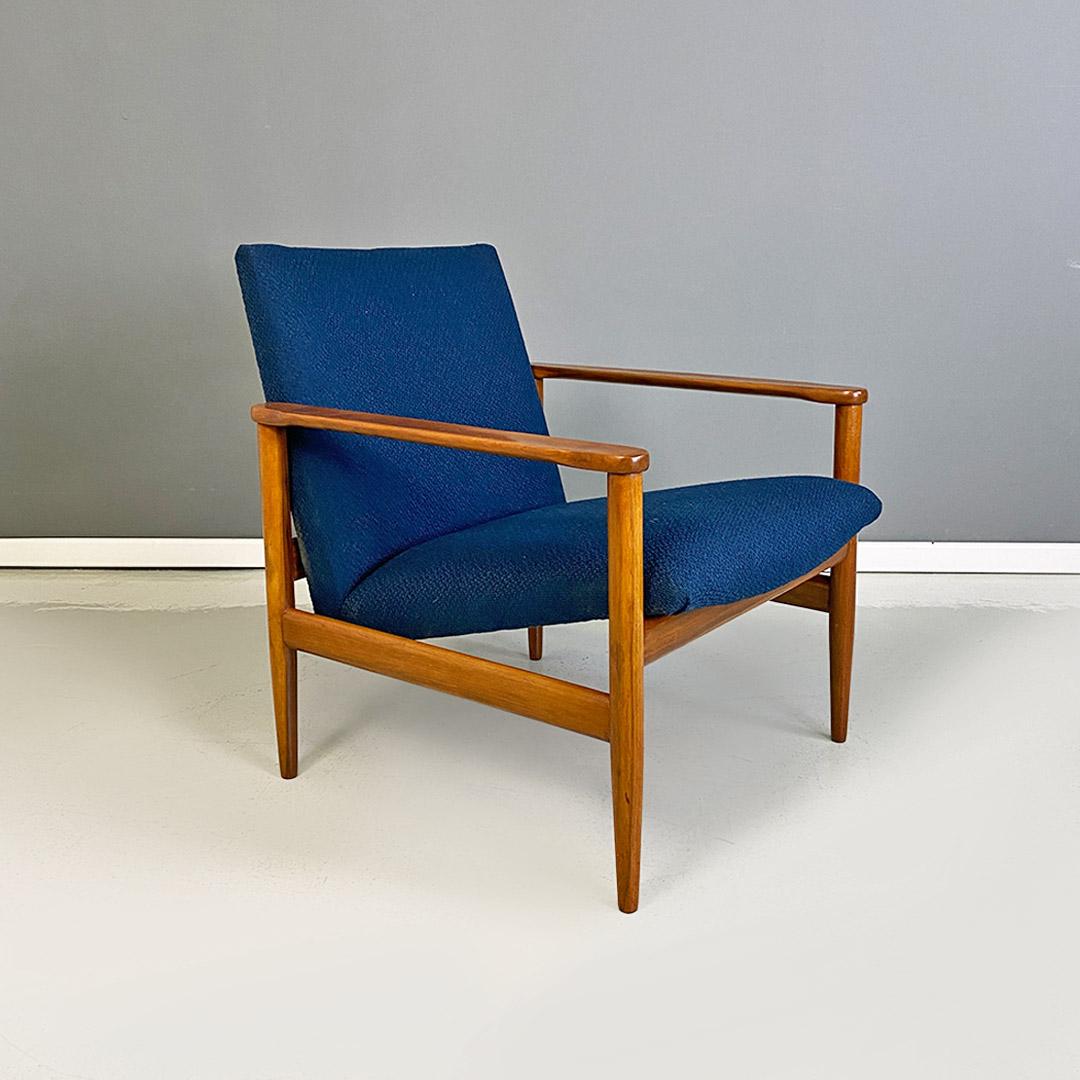 Mid-Century Modern North European Midcentury Solid Beech and Blue Fabric Small Size Armchair 1960s For Sale