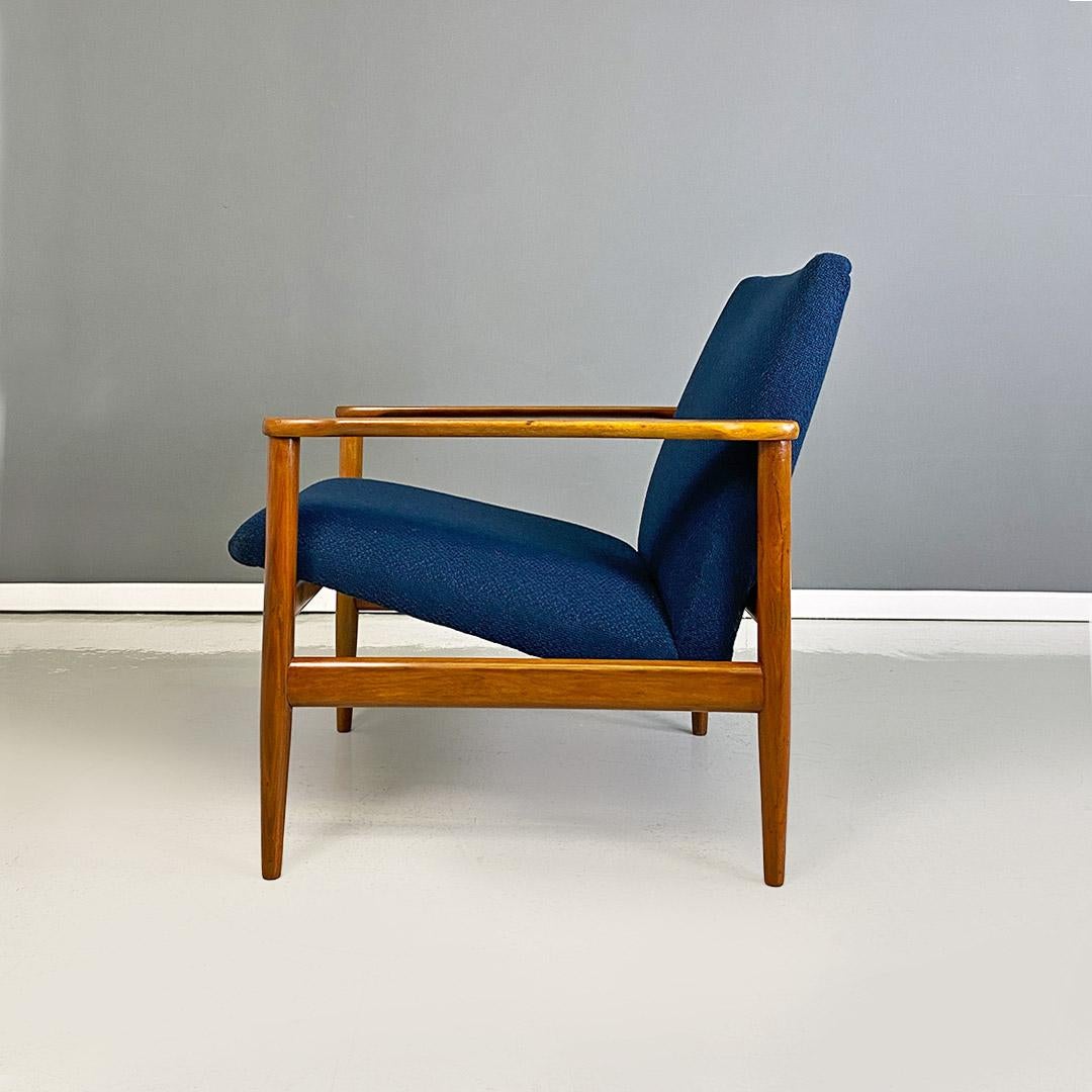 Scandinavian North European Midcentury Solid Beech and Blue Fabric Small Size Armchair 1960s For Sale