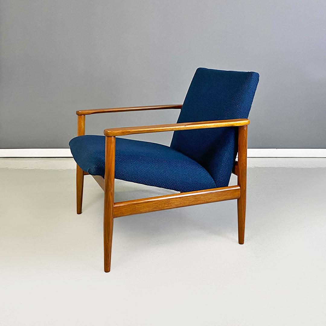 North European Midcentury Solid Beech and Blue Fabric Small Size Armchair 1960s In Good Condition For Sale In MIlano, IT