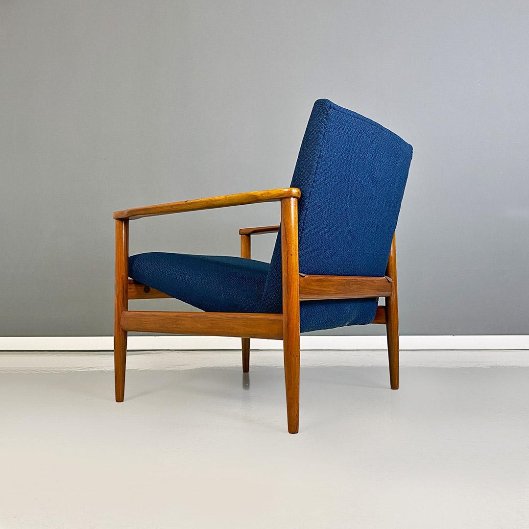 Mid-20th Century North European Midcentury Solid Beech and Blue Fabric Small Size Armchair 1960s For Sale