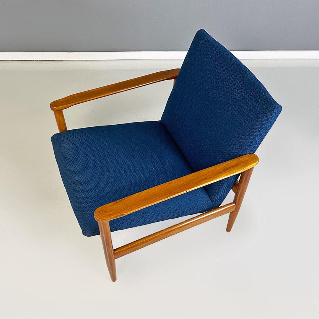 Cotton North European Midcentury Solid Beech and Blue Fabric Small Size Armchair 1960s For Sale