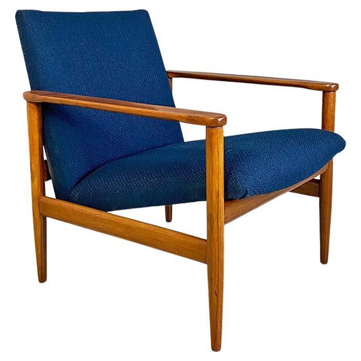North European Midcentury Solid Beech and Blue Fabric Small Size Armchair 1960s For Sale