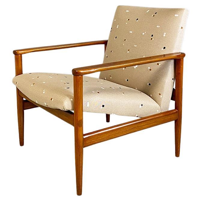 North European Solid Beech & Beige Fabric with Pattern Small Size Armchair 1960s For Sale