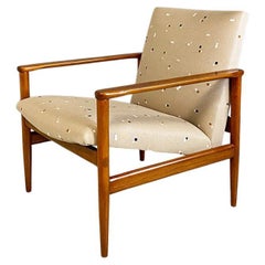 Vintage North European Solid Beech & Beige Fabric with Pattern Small Size Armchair 1960s