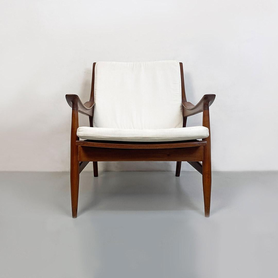 Mid-Century Modern North European Solid Wood and White Cotton Armchair, 1960s