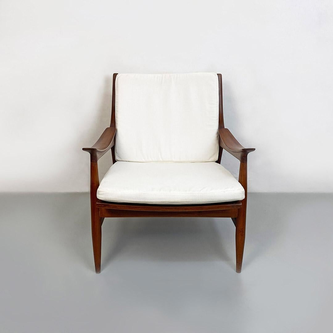 Italian North European Solid Wood and White Cotton Armchair, 1960s