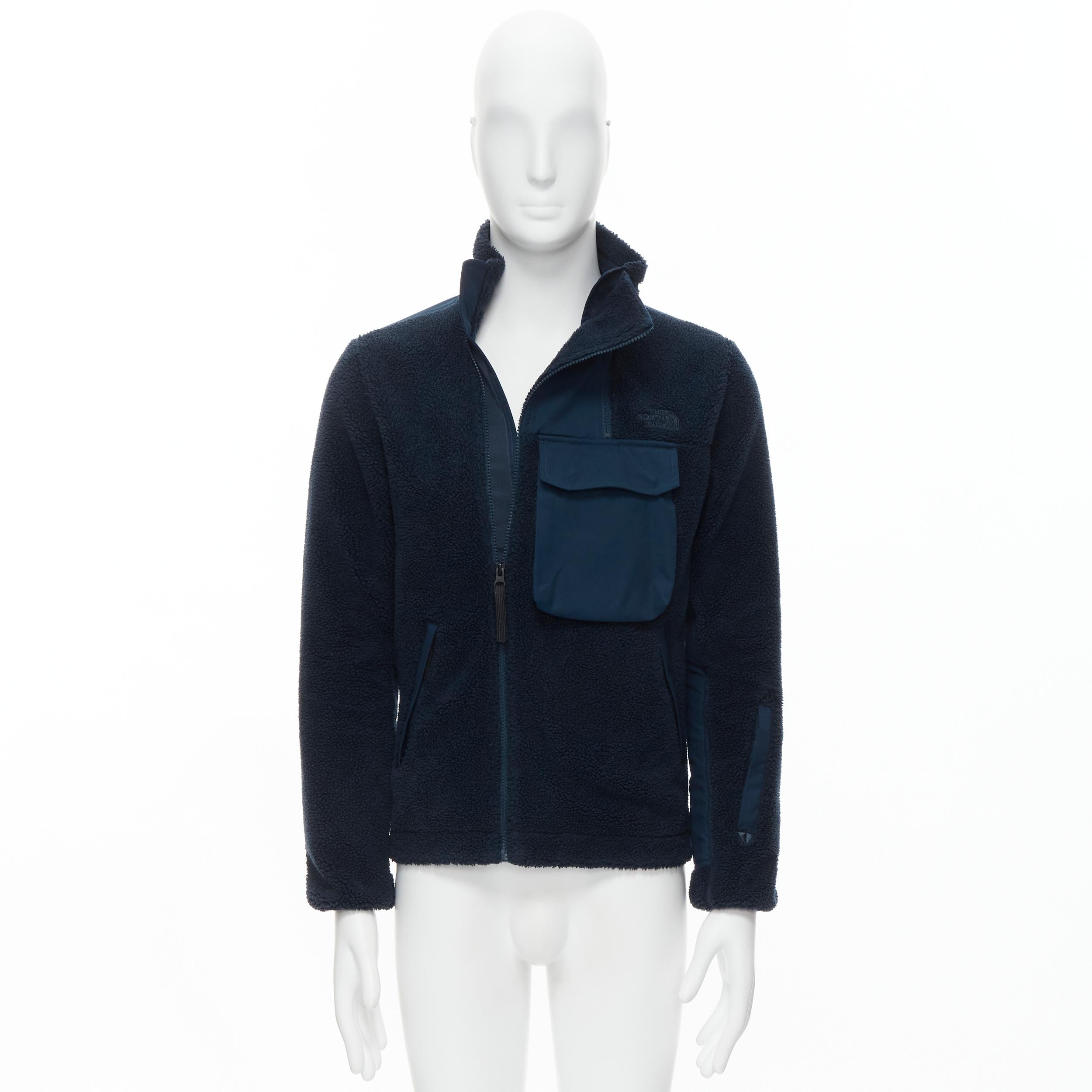 NORTH FACE navy blue fleece patch flap pocket asymmetric zip up jacket XS S For Sale 5