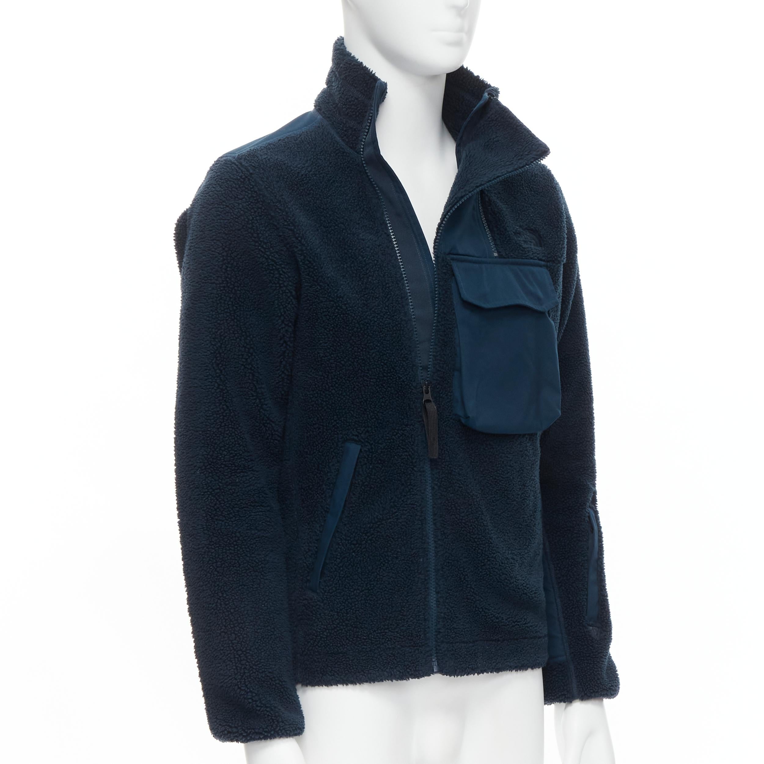 Black NORTH FACE navy blue fleece patch flap pocket asymmetric zip up jacket XS S For Sale