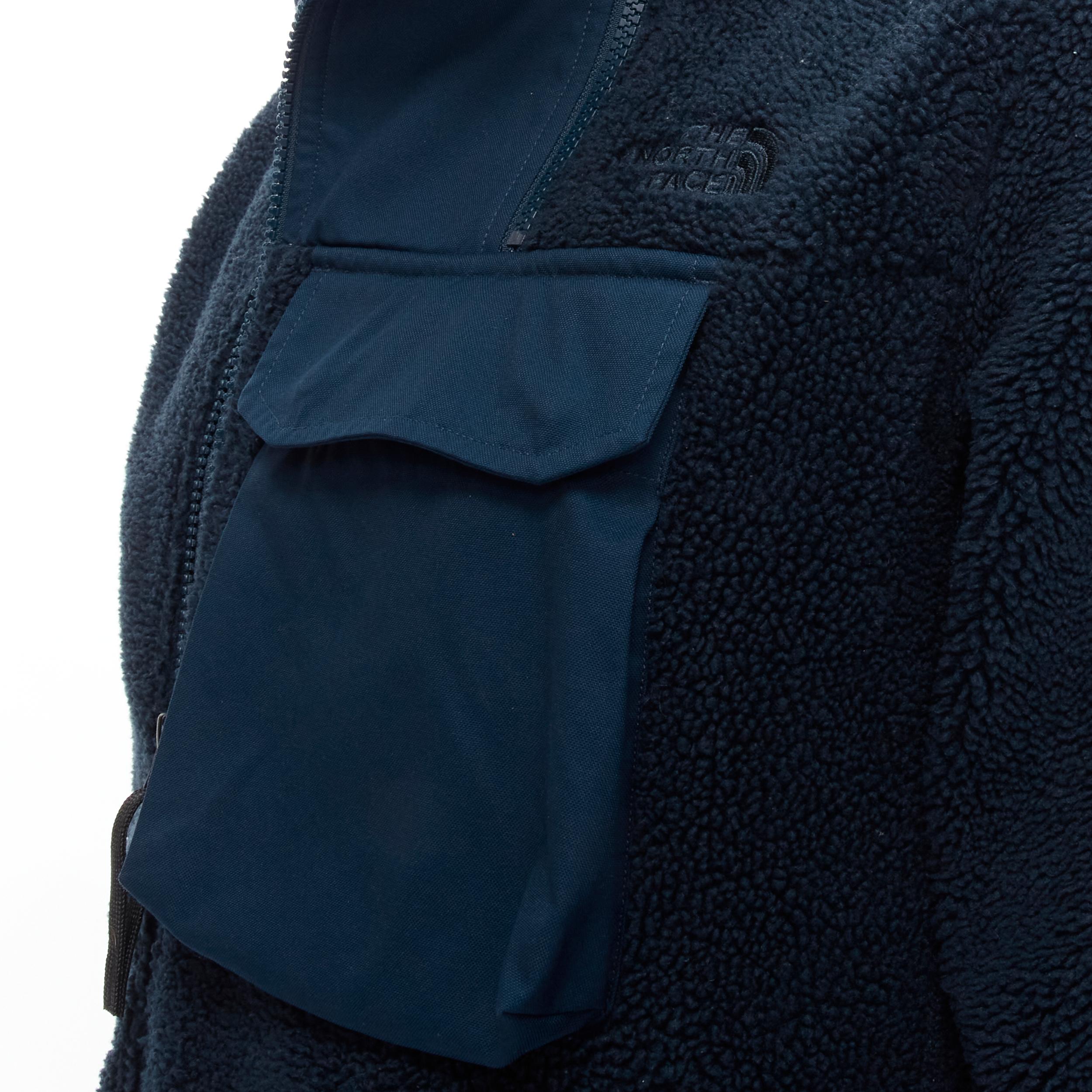 NORTH FACE navy blue fleece patch flap pocket asymmetric zip up jacket XS S For Sale 2