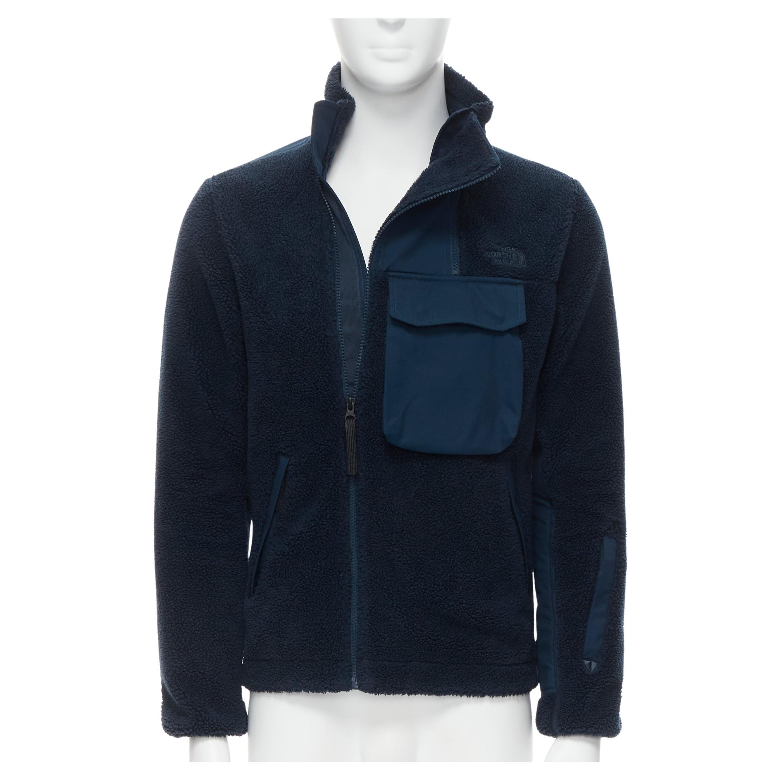 NORTH FACE navy blue fleece patch flap pocket asymmetric zip up jacket XS S For Sale
