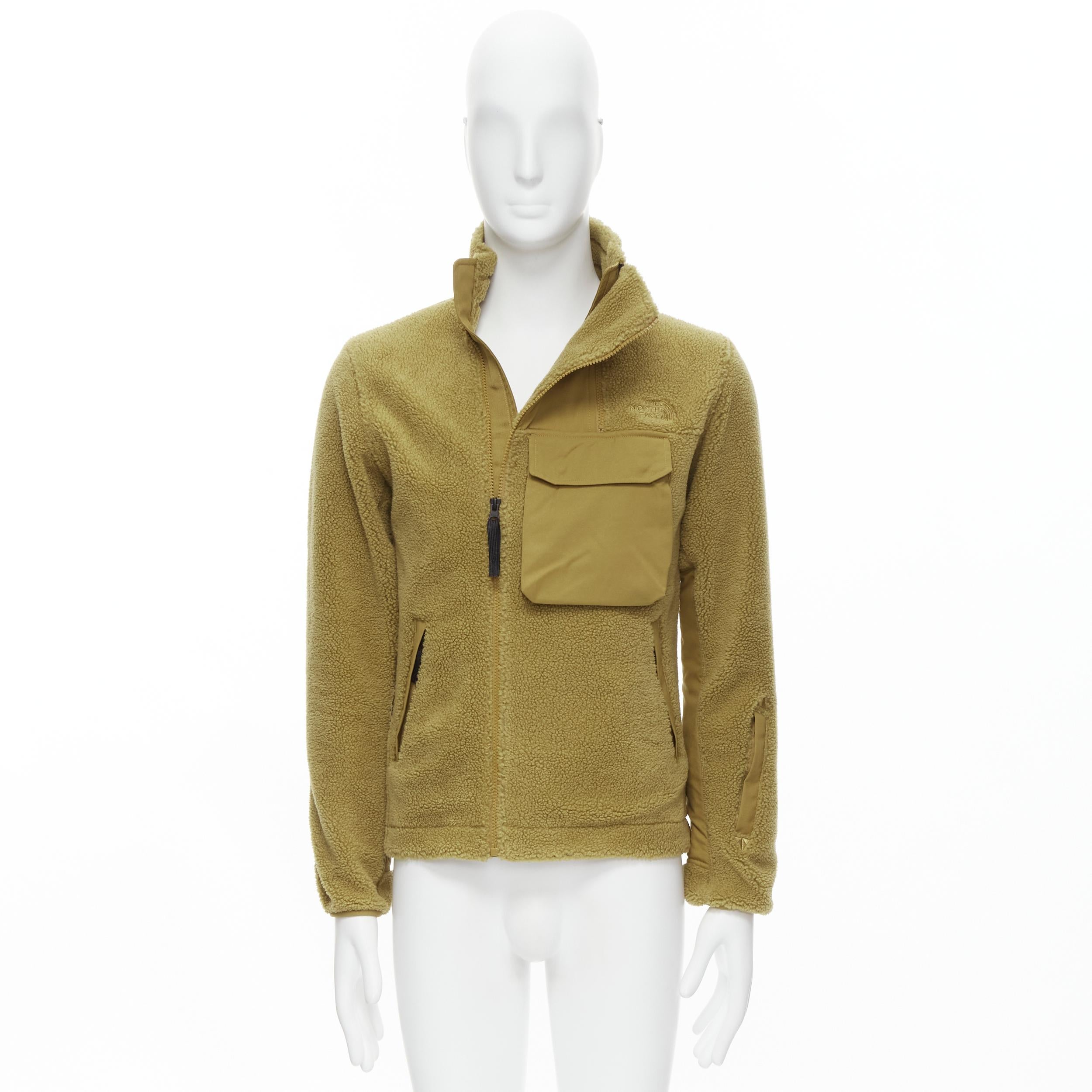 NORTH FACE tan brown fleece patch flap pocket asymmetric zip up jacket XS S For Sale 3