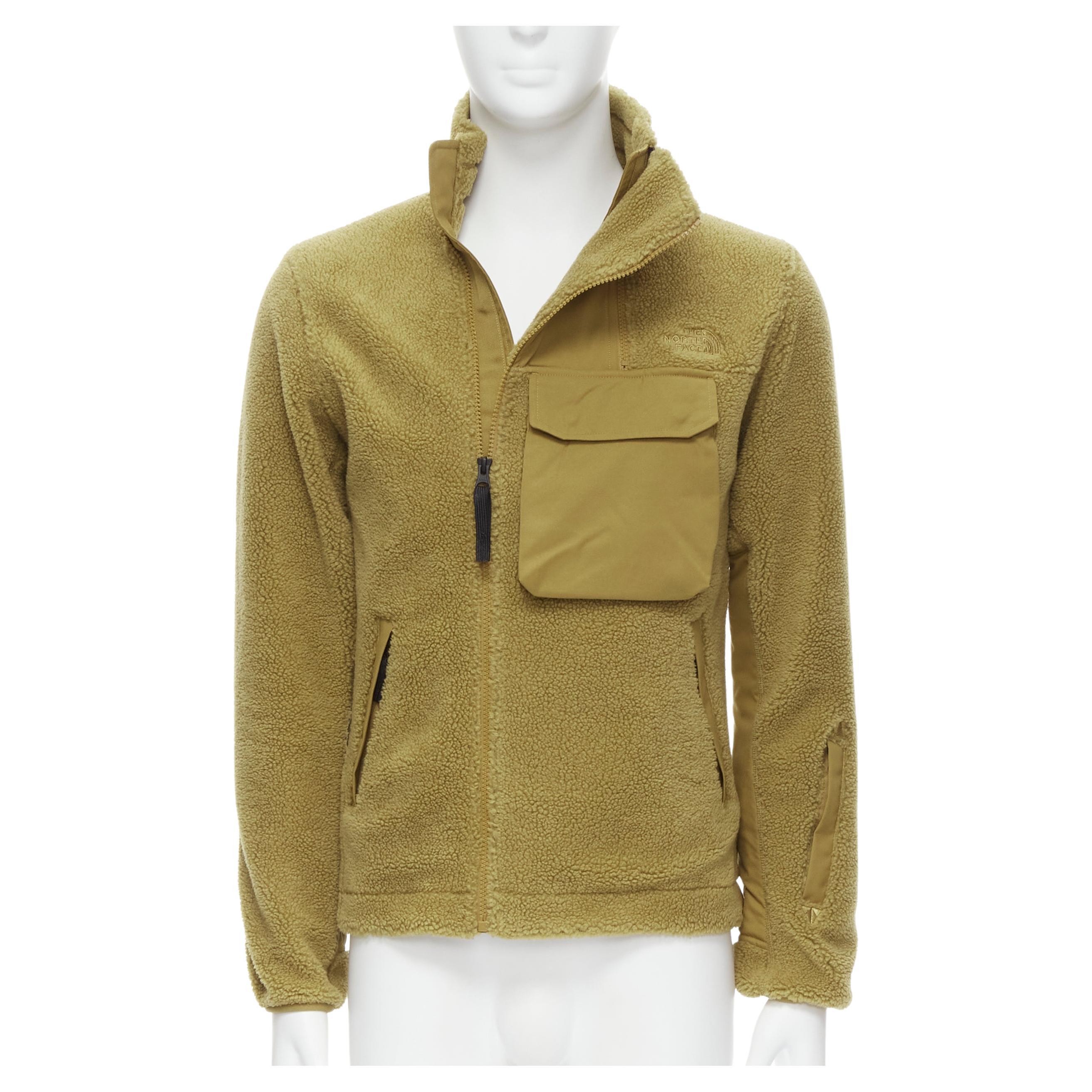 NORTH FACE tan brown fleece patch flap pocket asymmetric zip up jacket XS S For Sale