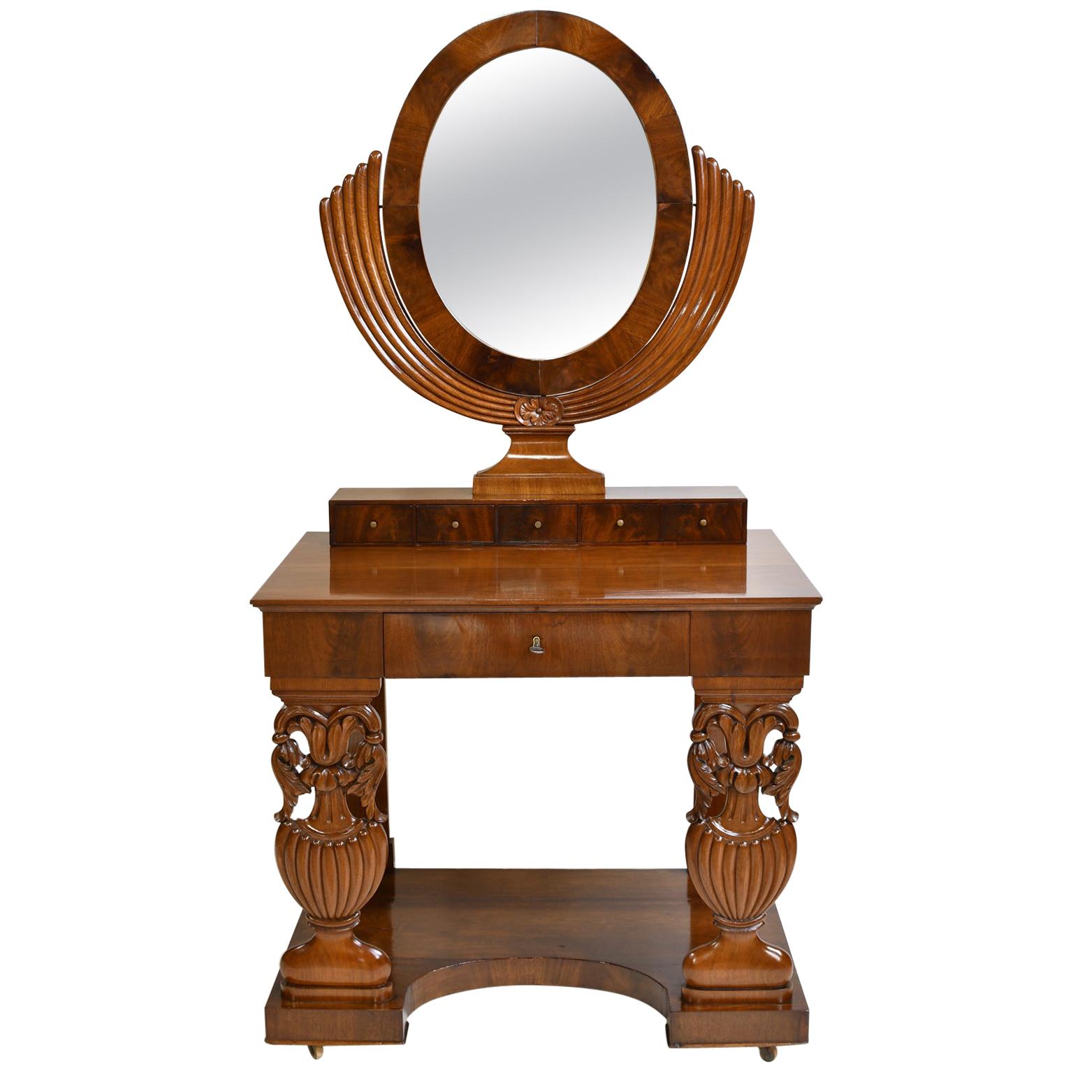 North German Biedermeier Dressing/ Console Table in Mahogany with Mirror, c 1825
