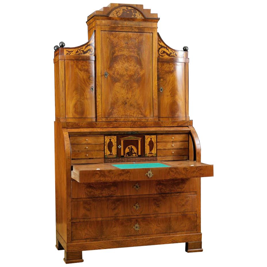 Antique North German/Danish Empire Cylinder-Top Secretary with Bookcase, c. 1815 For Sale