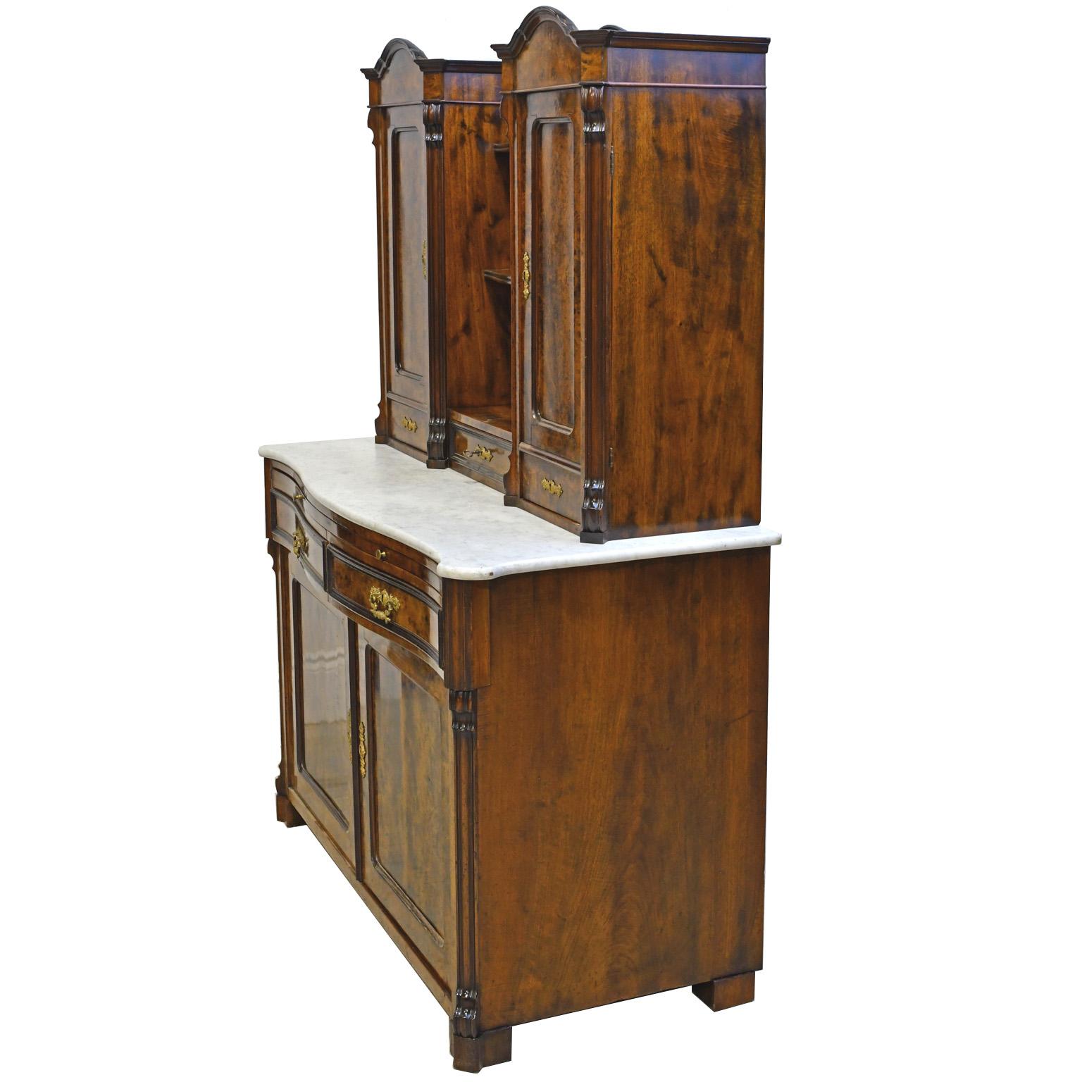 Hand-Crafted Antique German Louis Philippe Cabinet in Burled Walnut & White Carrara Marble