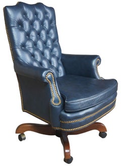 North Hickory Furniture Tufted Blue Leather Executive Office Chair Nailhead Trim