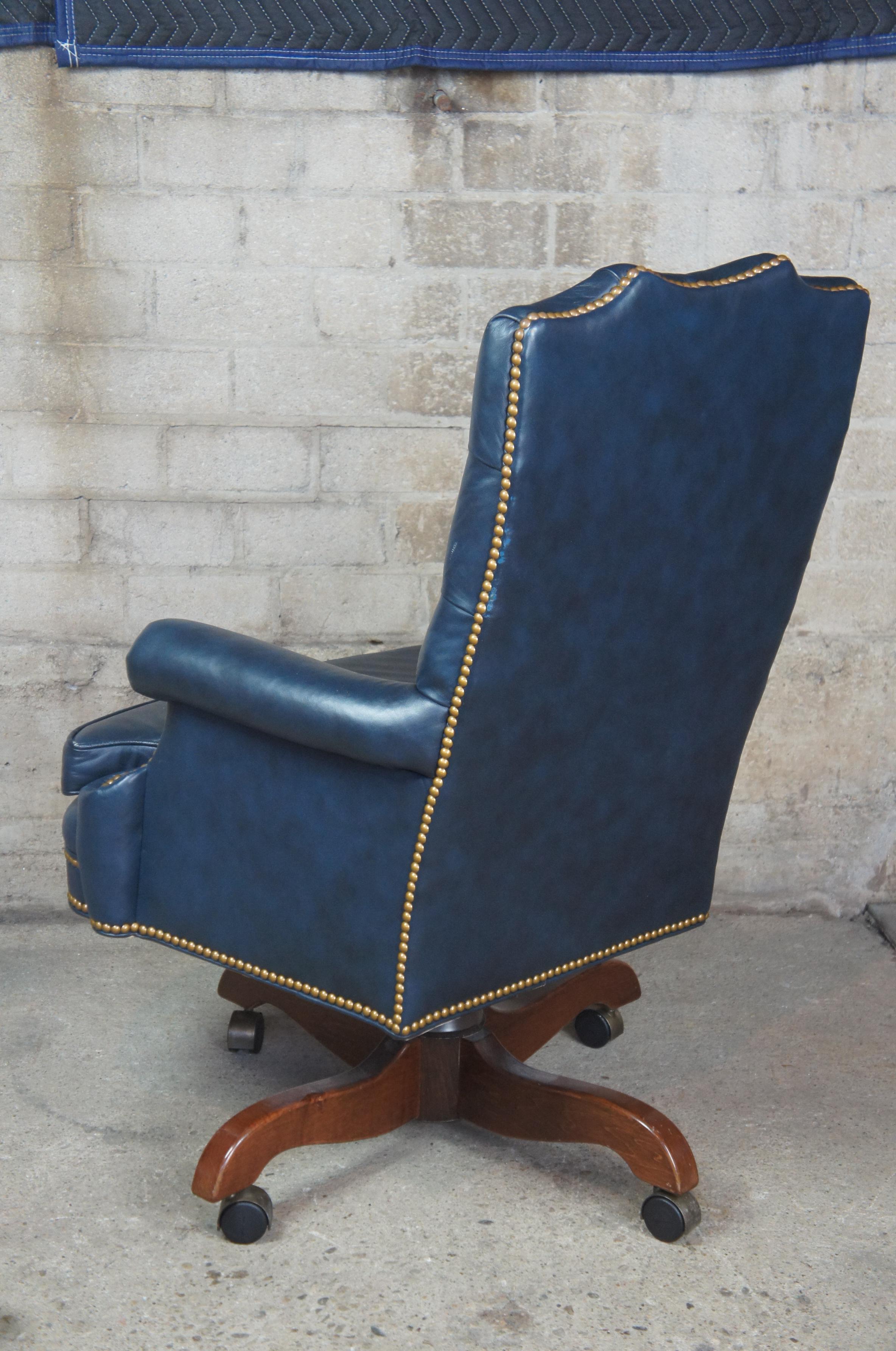North Hickory Furniture Tufted Blue Leather Executive Office Chair Nailhead Trim In Good Condition In Dayton, OH