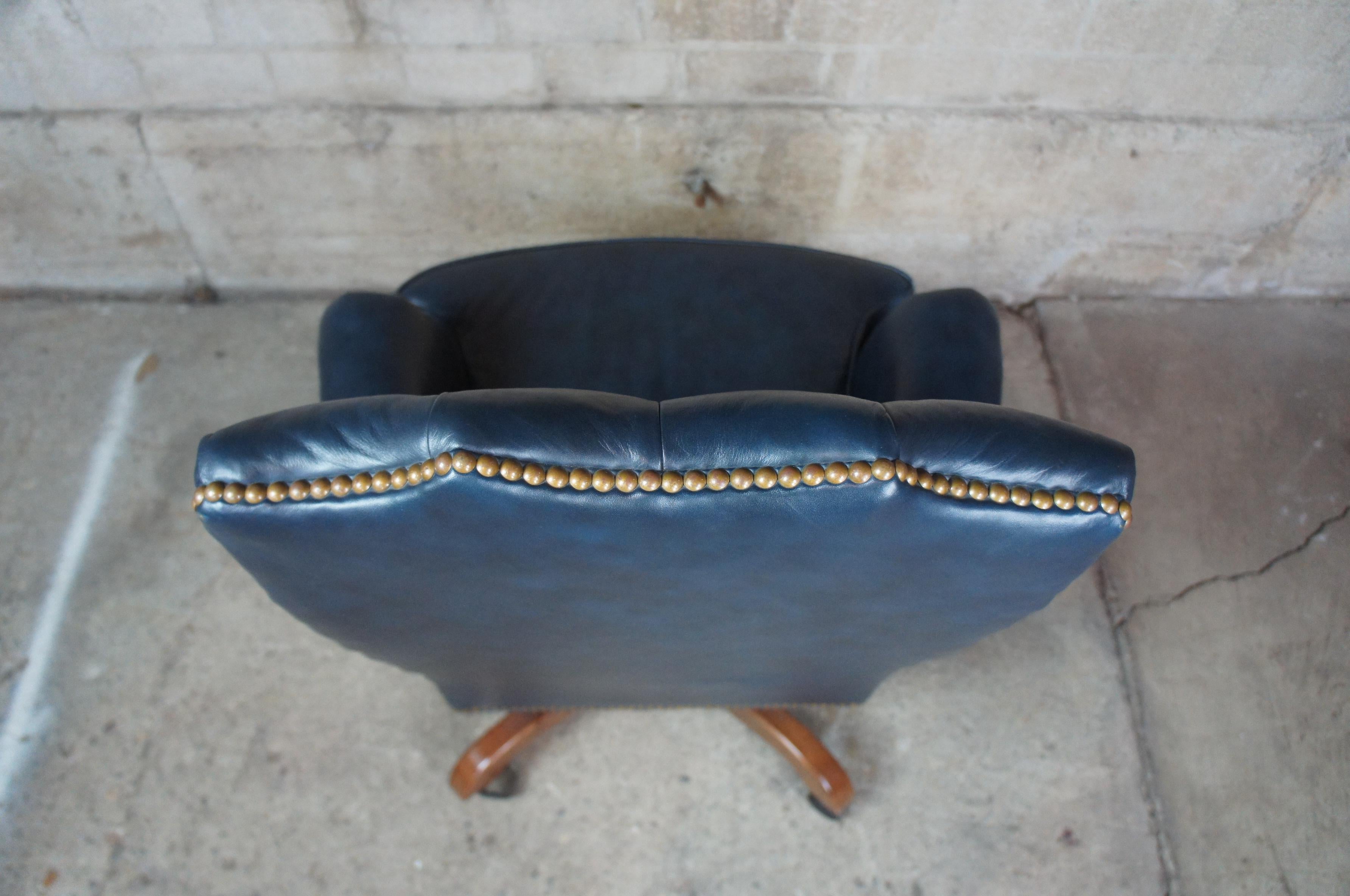 20th Century North Hickory Furniture Tufted Blue Leather Executive Office Chair Nailhead Trim