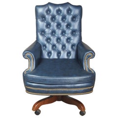 Vintage North Hickory Furniture Tufted Blue Leather Executive Office Chair Nailhead Trim