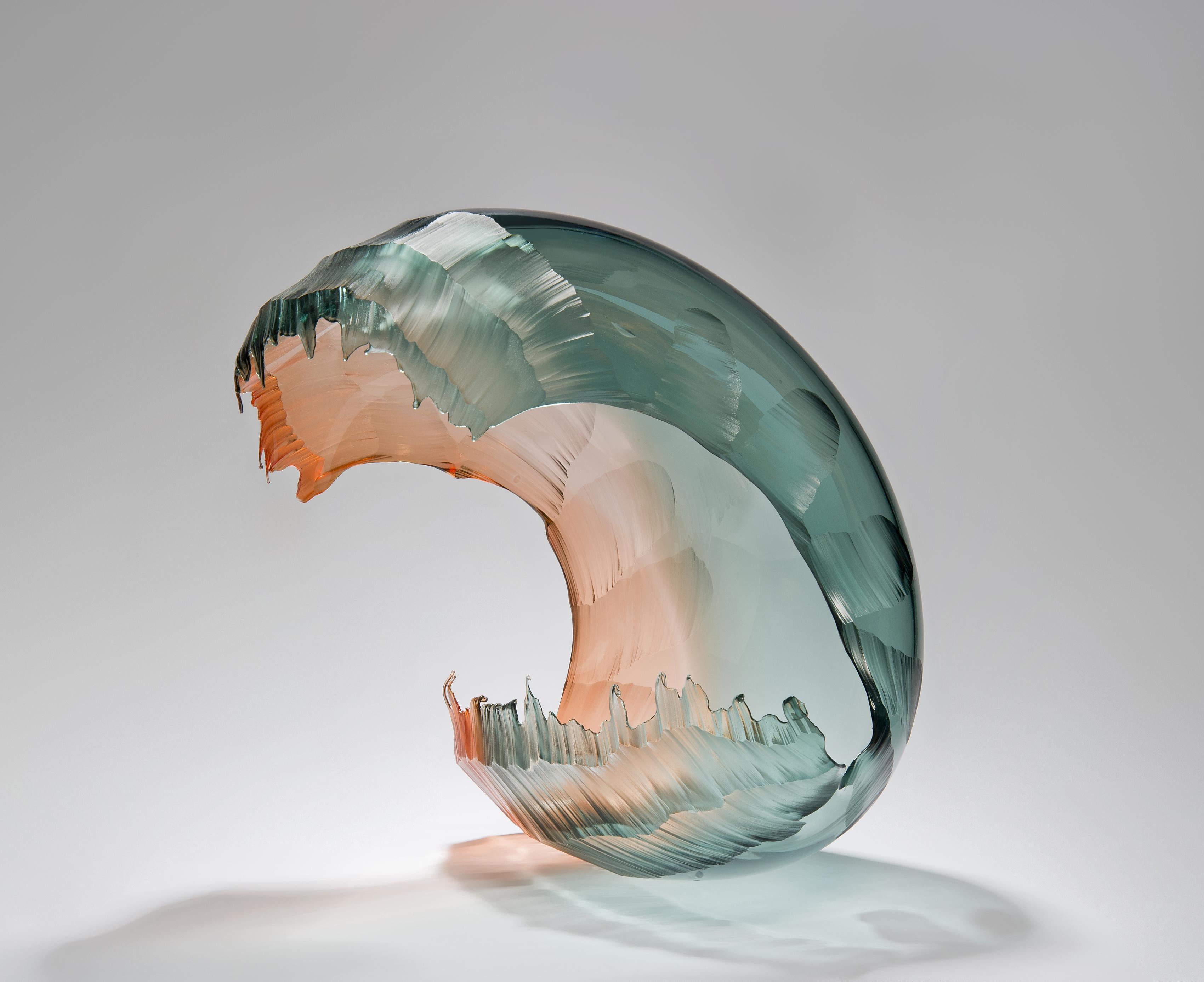 Organic Modern North Sea Morning Wave Form, a Teal & Apricot Glass Sculpture by Graham Muir