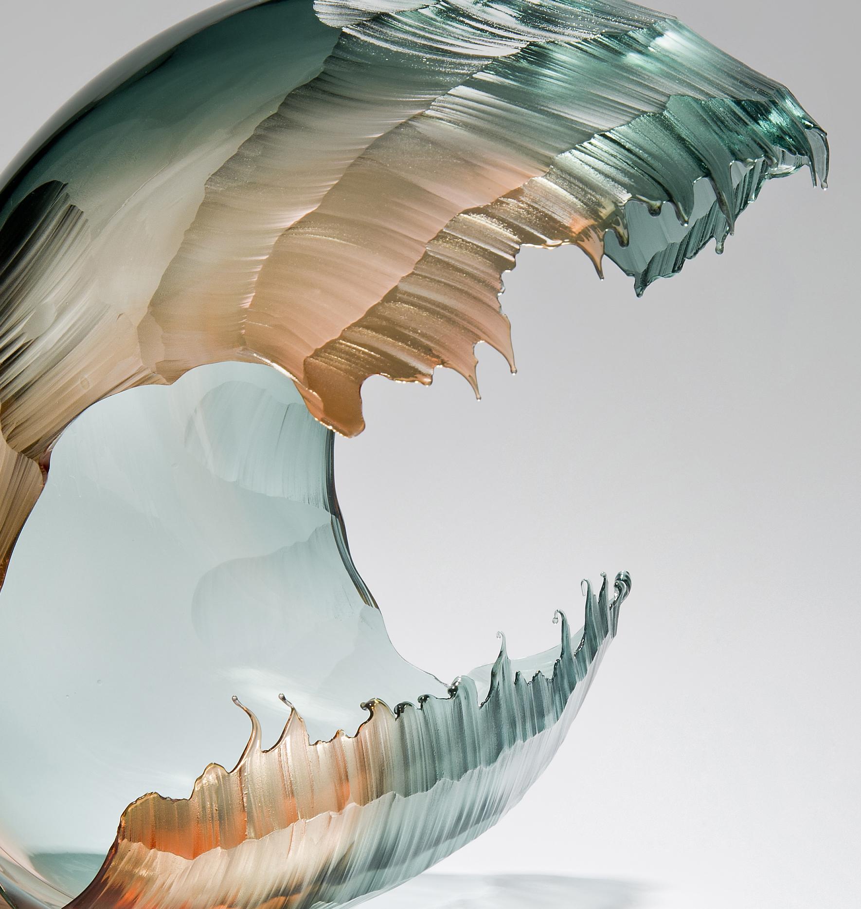 British North Sea Morning Wave Form, a Teal & Apricot Glass Sculpture by Graham Muir