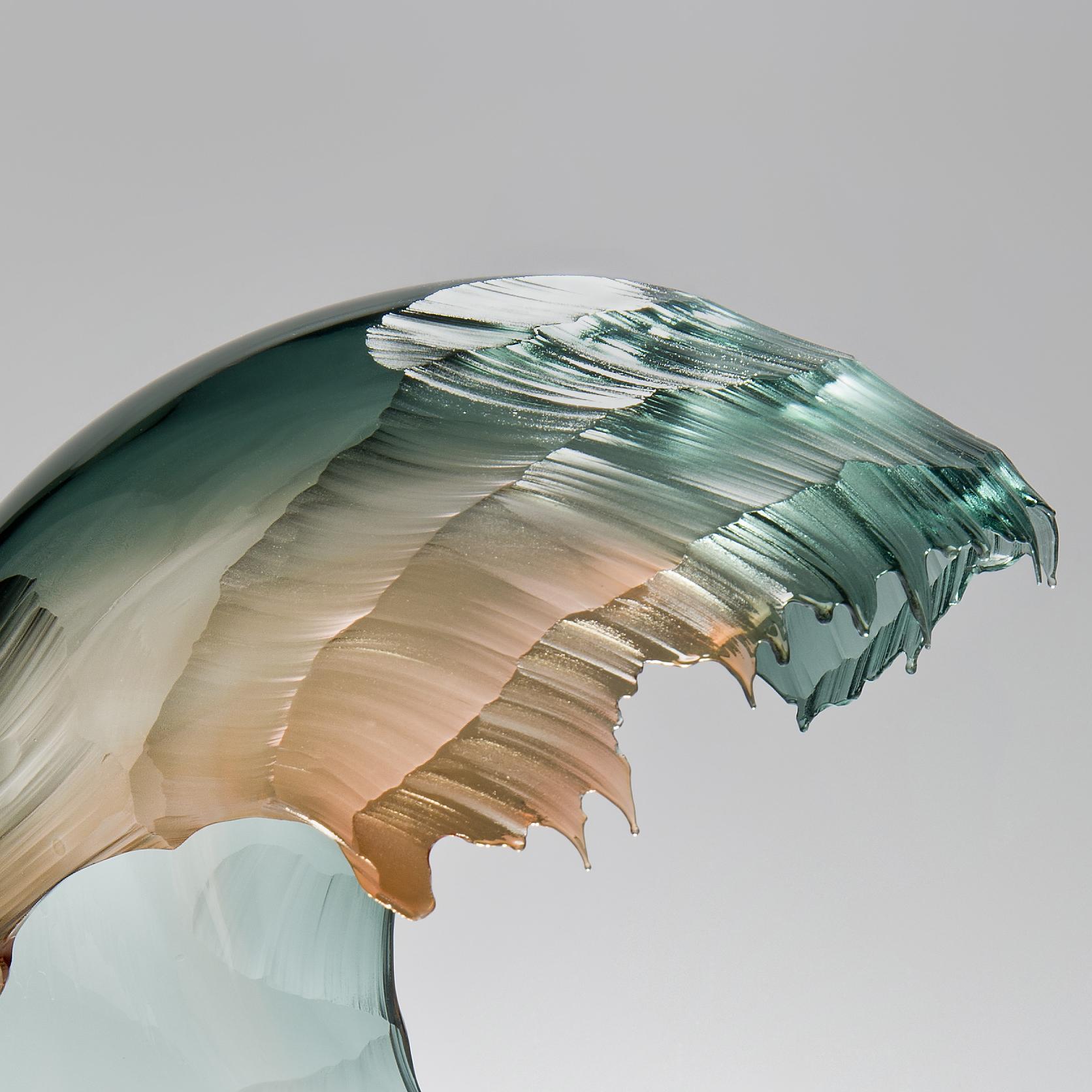 Hand-Crafted North Sea Morning Wave Form, a Teal & Apricot Glass Sculpture by Graham Muir