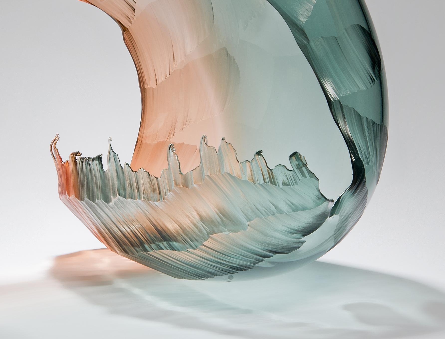 North Sea Morning Wave Form, a Teal & Apricot Glass Sculpture by Graham Muir In New Condition In London, GB