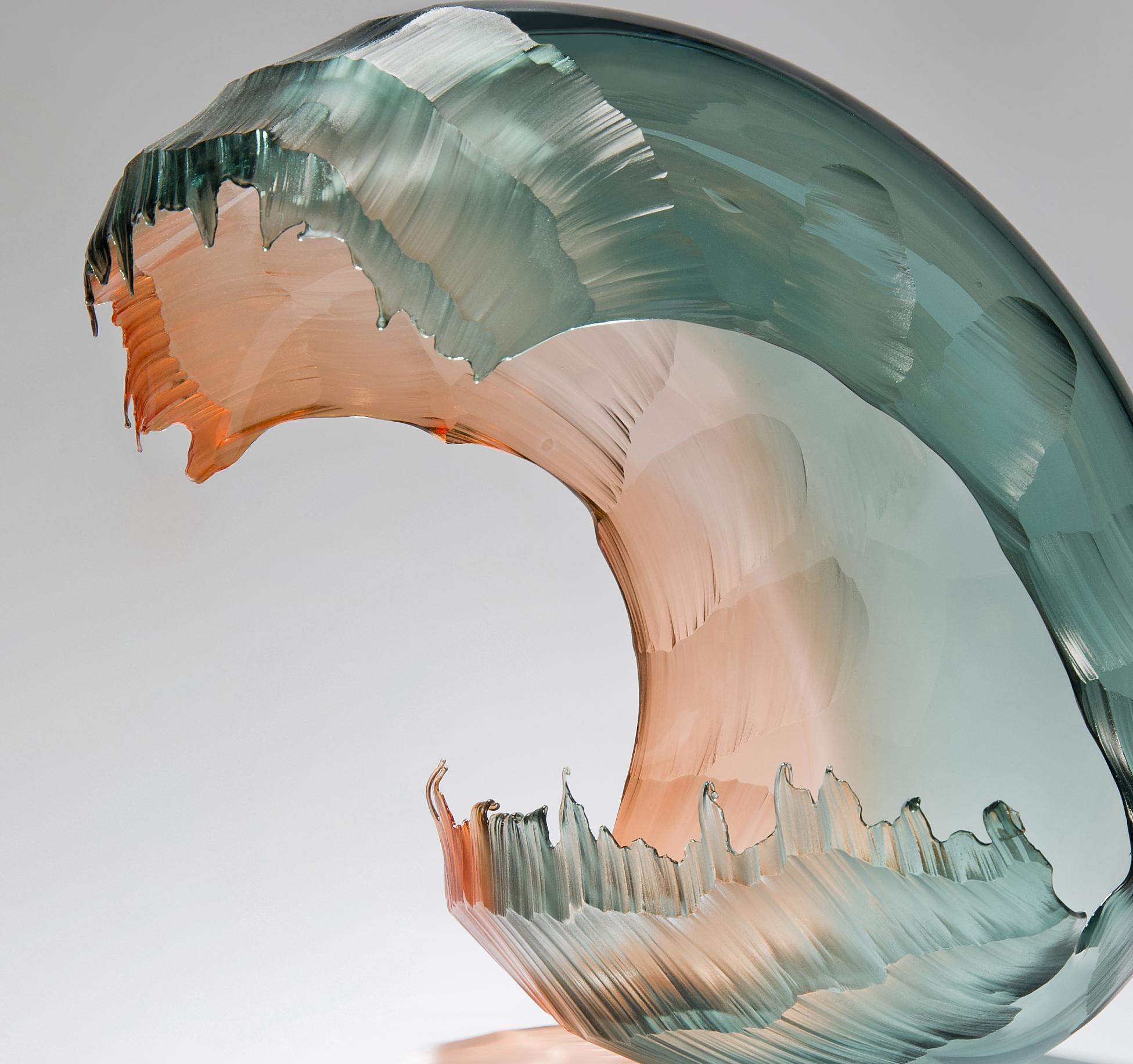Contemporary North Sea Morning Wave Form, a Teal & Apricot Glass Sculpture by Graham Muir