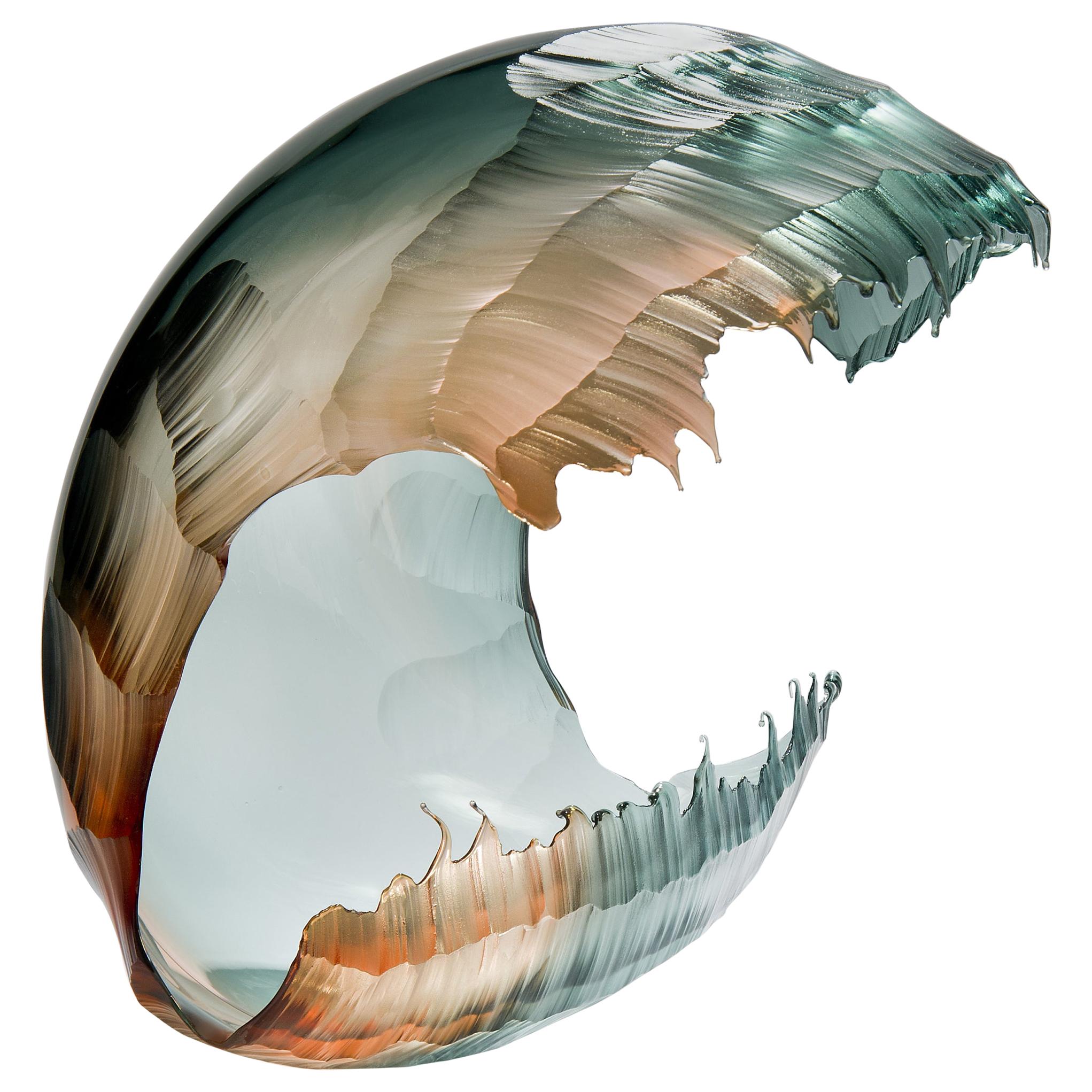 North Sea Morning Wave Form, a Teal & Apricot Glass Sculpture by Graham Muir