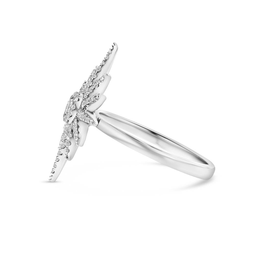 Avec un anneau en or blanc 18 carats et un diamant central qui émet 12 rayons rayonnants de diamants plus petits, notre bague Étoile du Nord brille presque autant que la vraie. Le moins que l'on puisse dire, c'est qu'il s'agit d'une pièce céleste