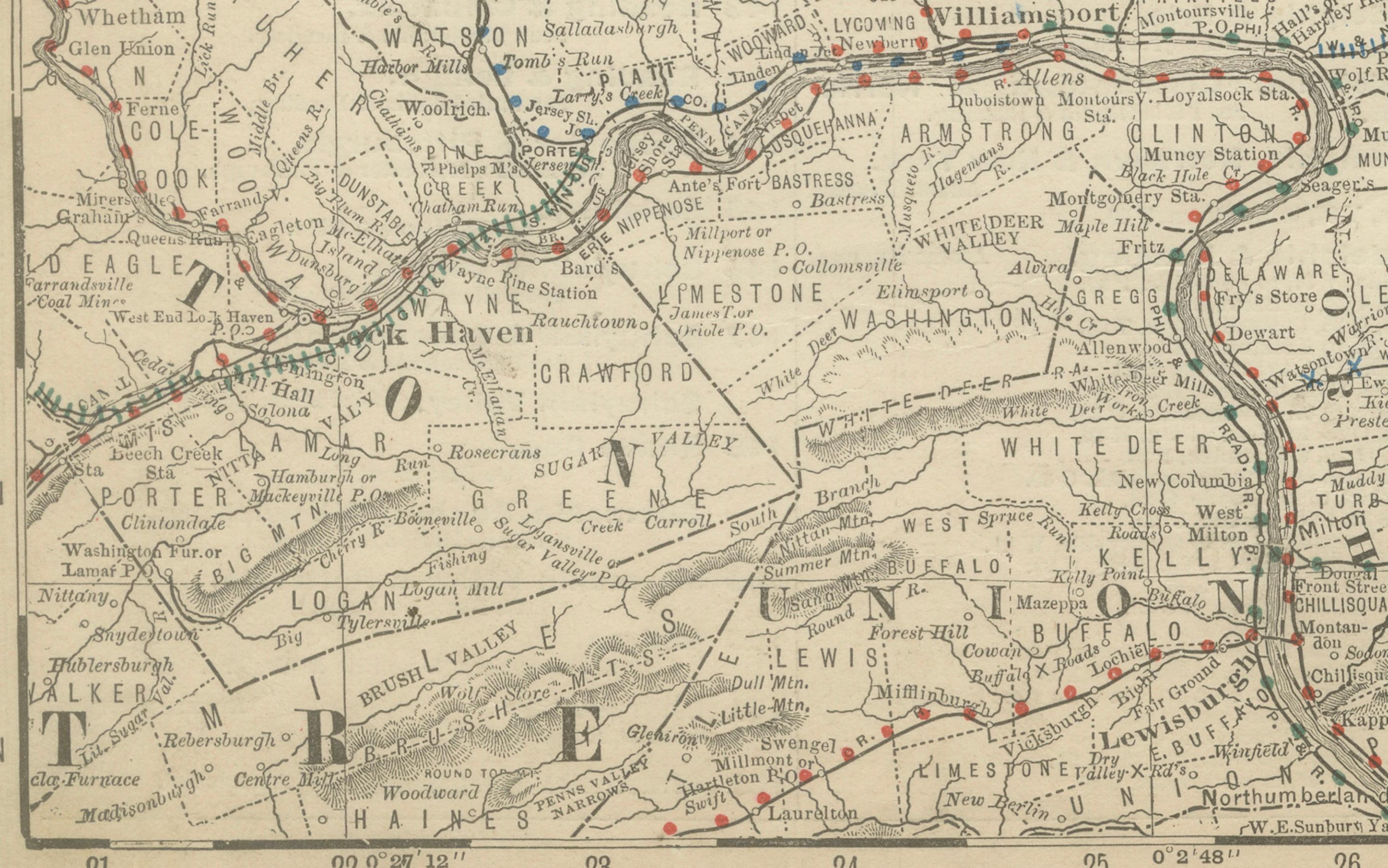 Carte ancienne du nord-est de la Pennsylvanie c.1888 - Villes et comtés de l'Etat de Keystone en vente 3