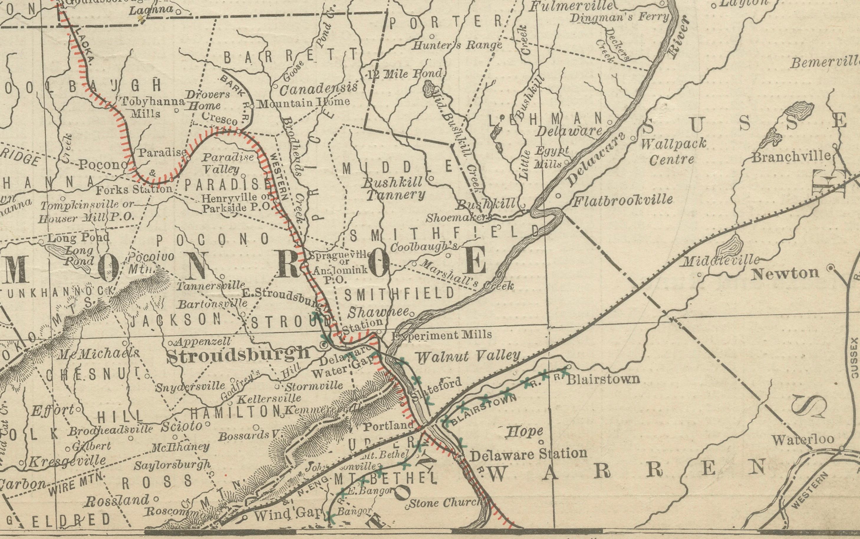 Gravé Carte ancienne du nord-est de la Pennsylvanie c.1888 - Villes et comtés de l'Etat de Keystone en vente