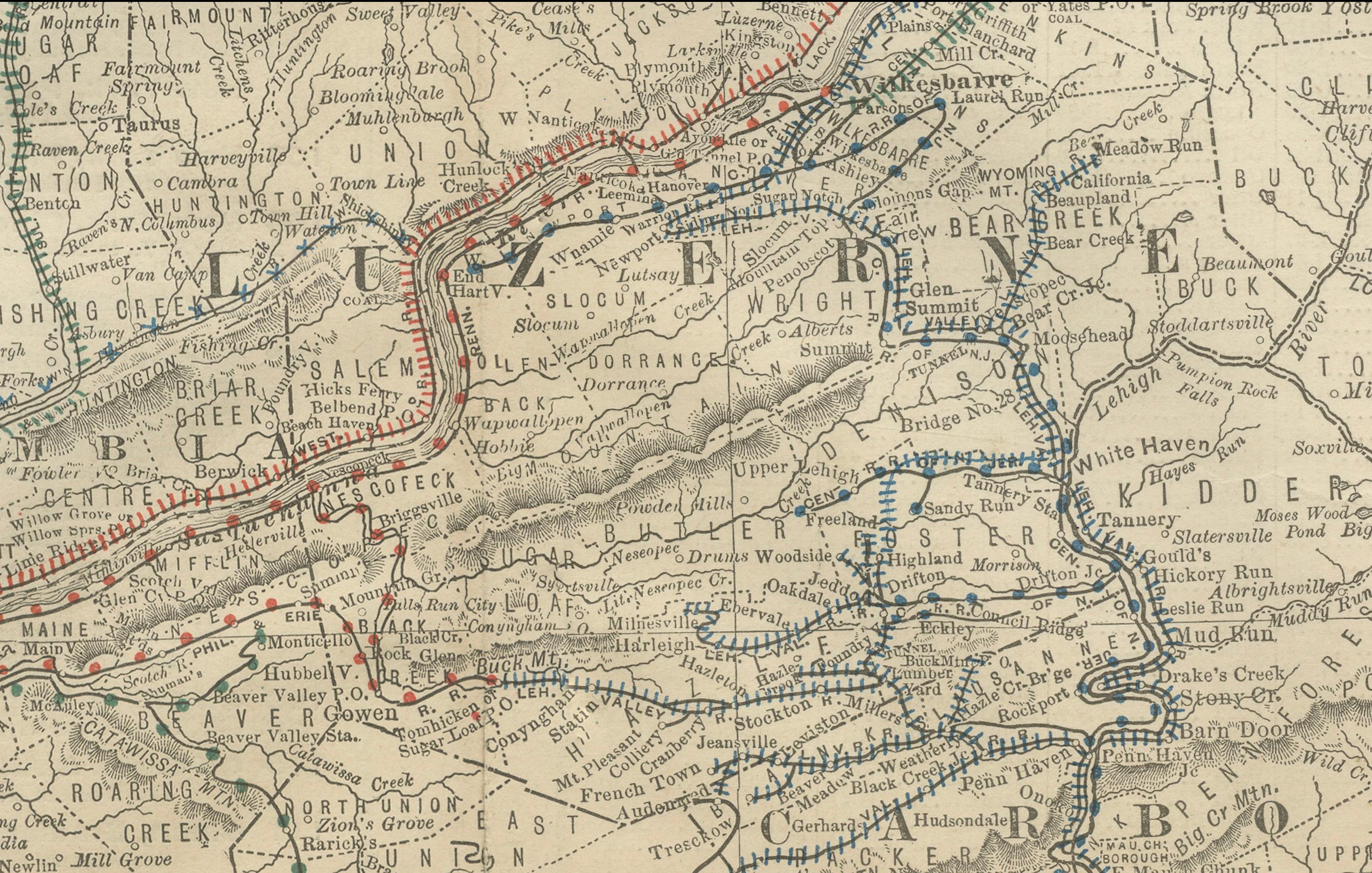 Carte ancienne du nord-est de la Pennsylvanie c.1888 - Villes et comtés de l'Etat de Keystone Bon état - En vente à Langweer, NL