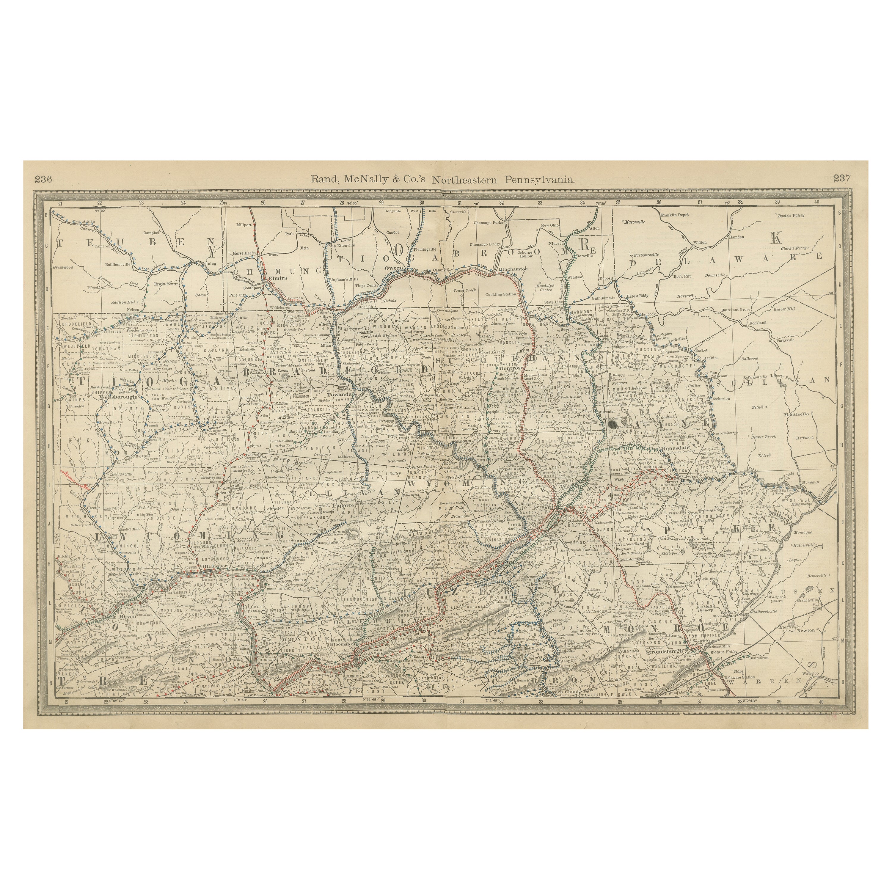 Northeastern Pennsylvania Antique Map c.1888 – Keystone State Cities & Counties