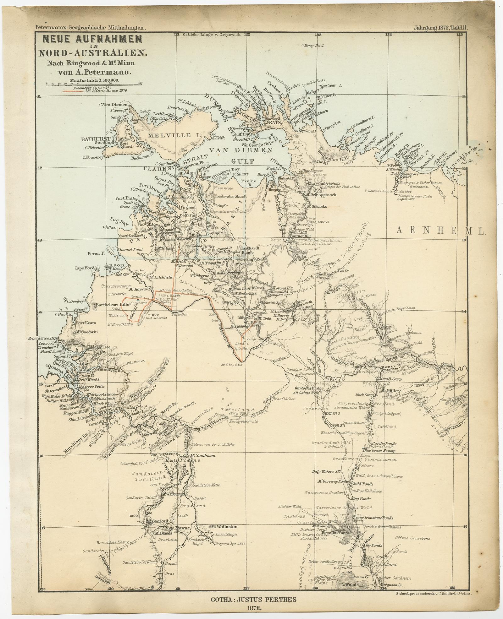 Antique map titled 'Neue Aufnahmen in Nord-Australien'. 

Old map of Northern Australia showing the 'new routes' of the exploration of Ringwood and McMinn. Covers as far east as part of Arnheim Land at Crocodile Island and Cape Stewart. This map