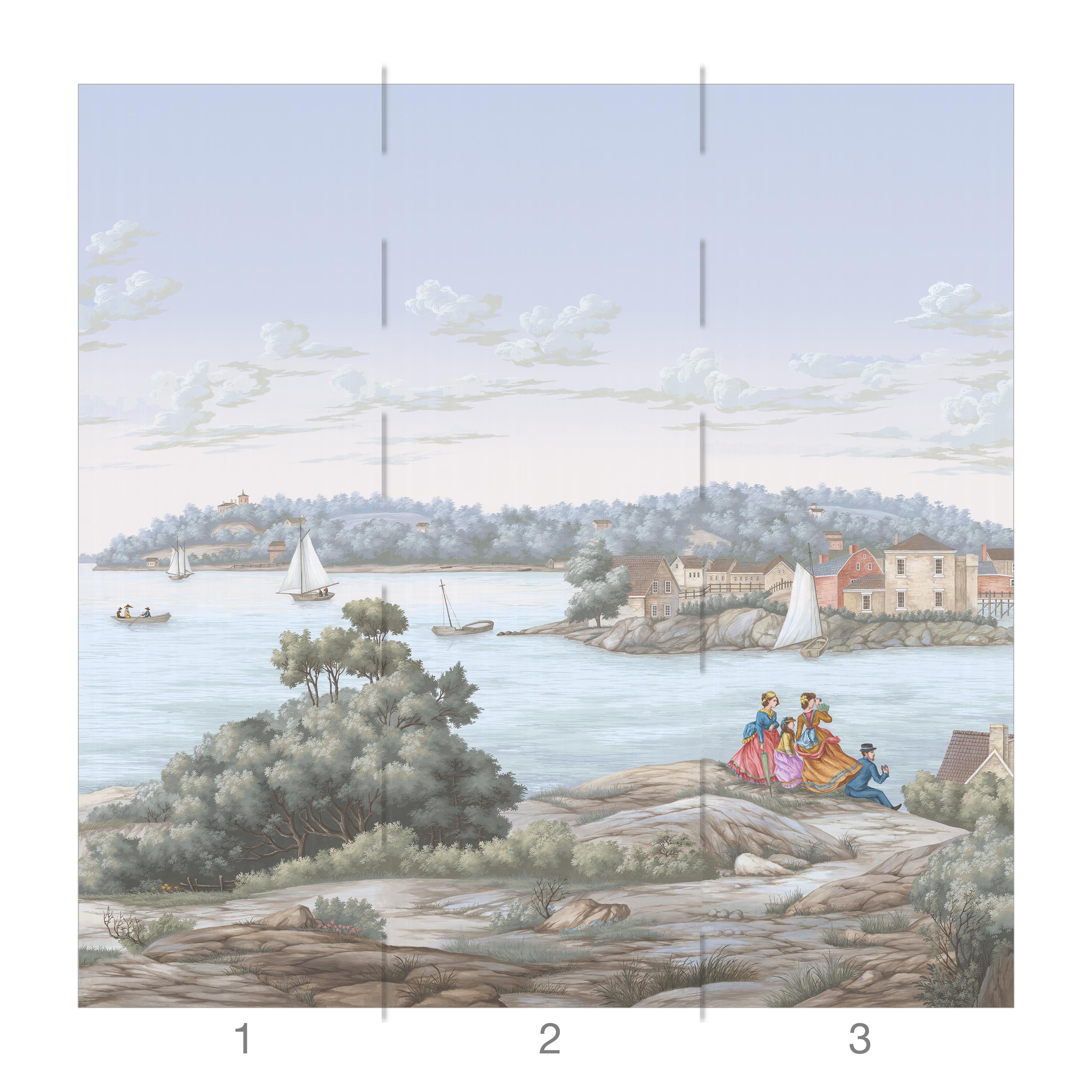Northern Bay is an idyllic depiction of the American Coast during the Age of Sail.  Hand painted in the traditional block print style, this wallpaper mural is perfect for an accent wall, or framing in a larger space.  The wallpaper mural is made up