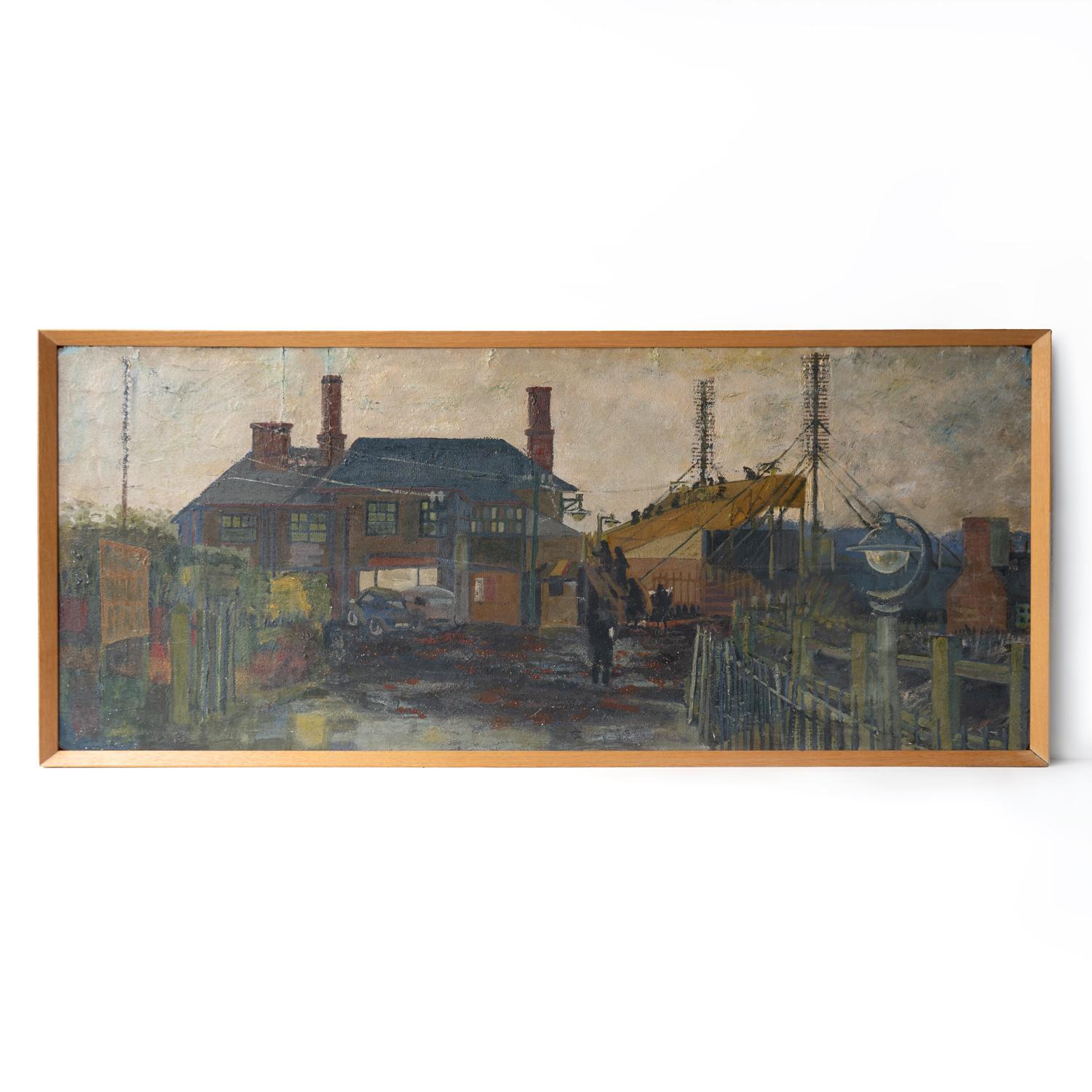 ANTIQUE ORIGINAL OIL ON BOARD PAINTING 

Depicting an evocative early morning scene against a backdrop of industrial buildings, railings, vehicles, electricity infrastructure and Lowry-esque figures crossing a metal bridge heading to work. 

Painted