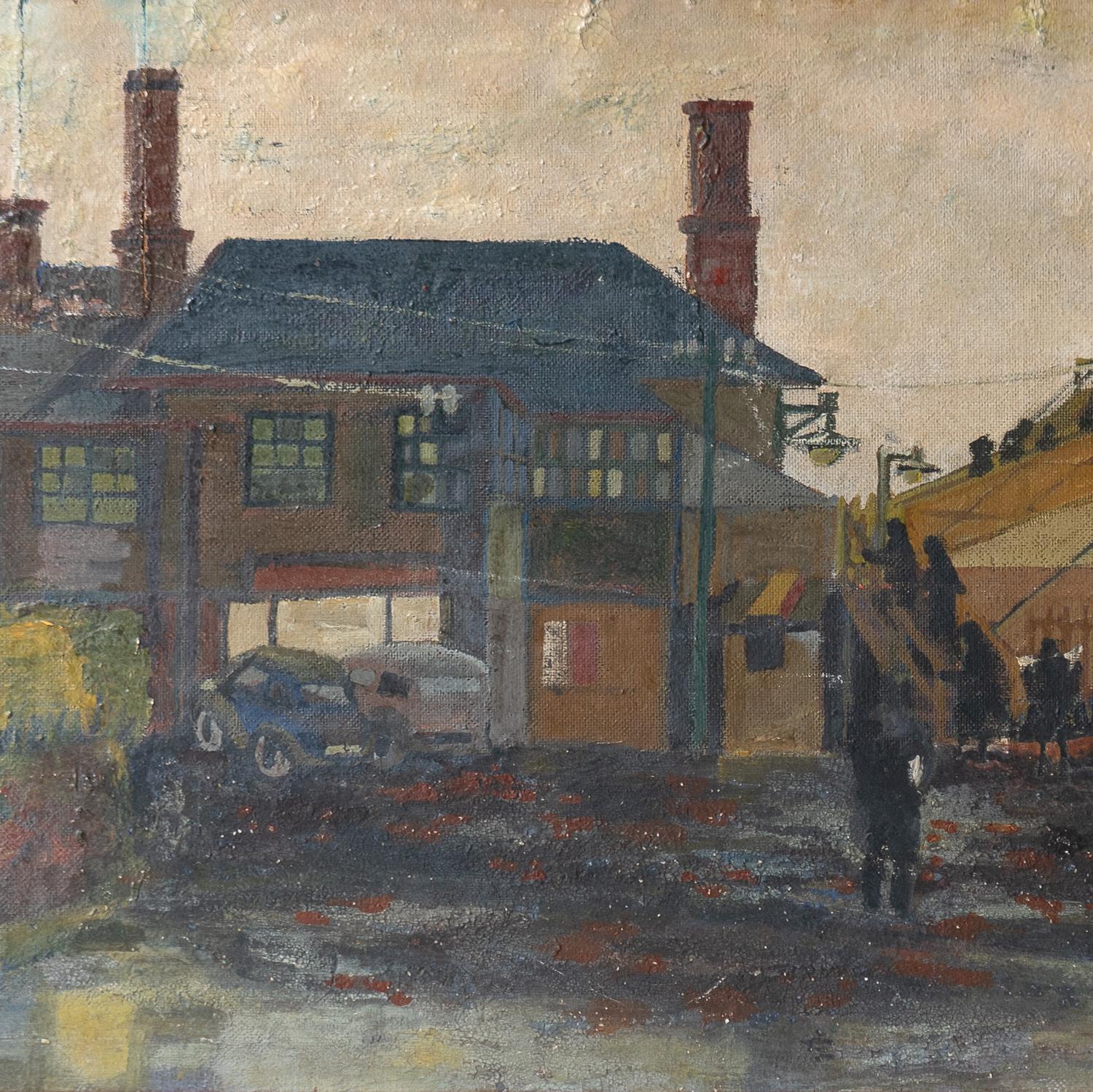 Hand-Painted Northern British School Industrial Landscape, Original Oil Painting, Mid 20th C.