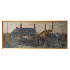 Industrielle Landschaft der Northern British School, Original-Ölgemälde, Mitte des 20. Jahrhunderts.