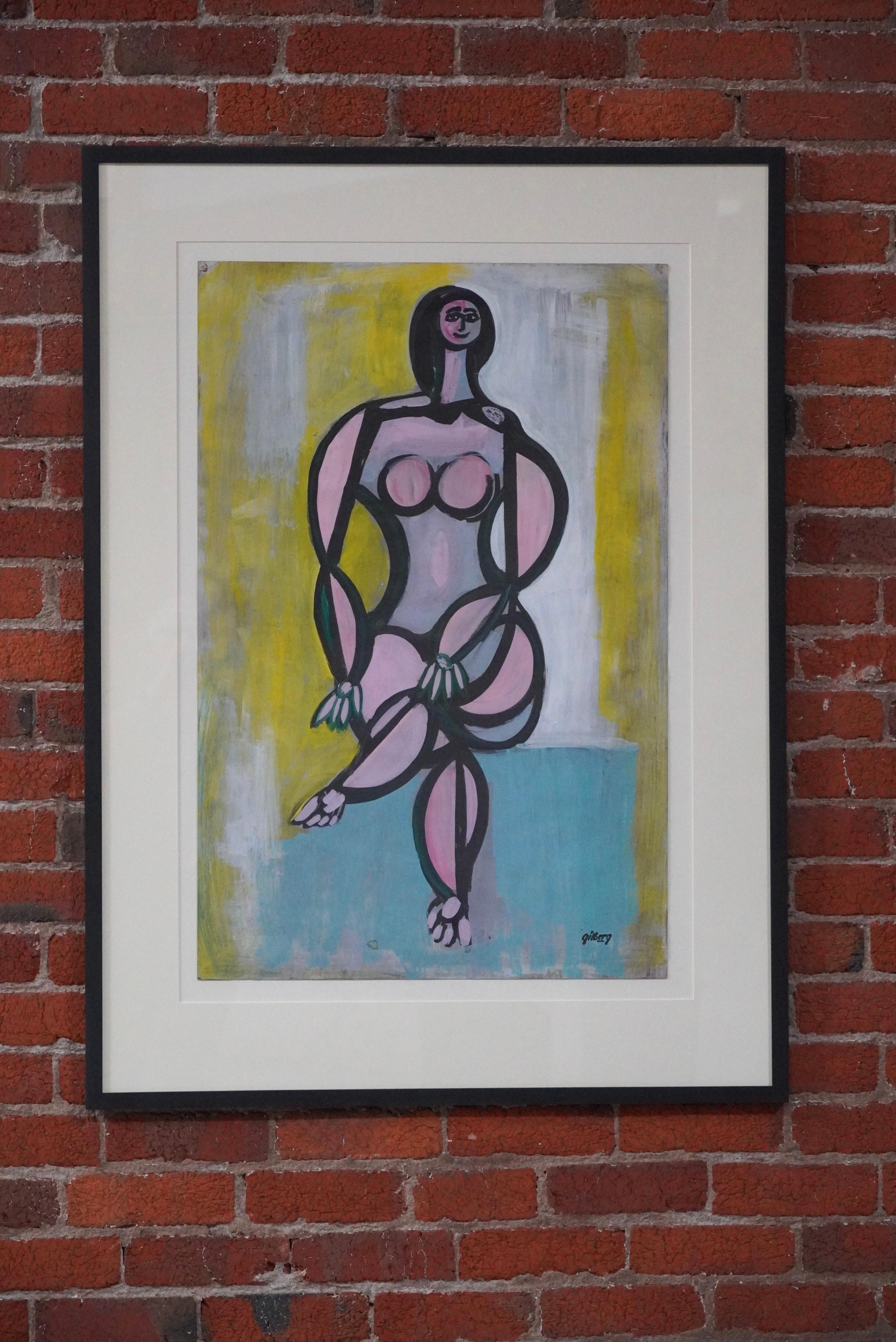 Peinture abstraite figurative à la détrempe sur papier de l'artiste de Californie du Nord Robert Gilberg (1911-1970),  peintre, professeur et lithographe. Cette pièce est une magnifique peinture multicolore utilisant les couleurs rose, noir, blanc,