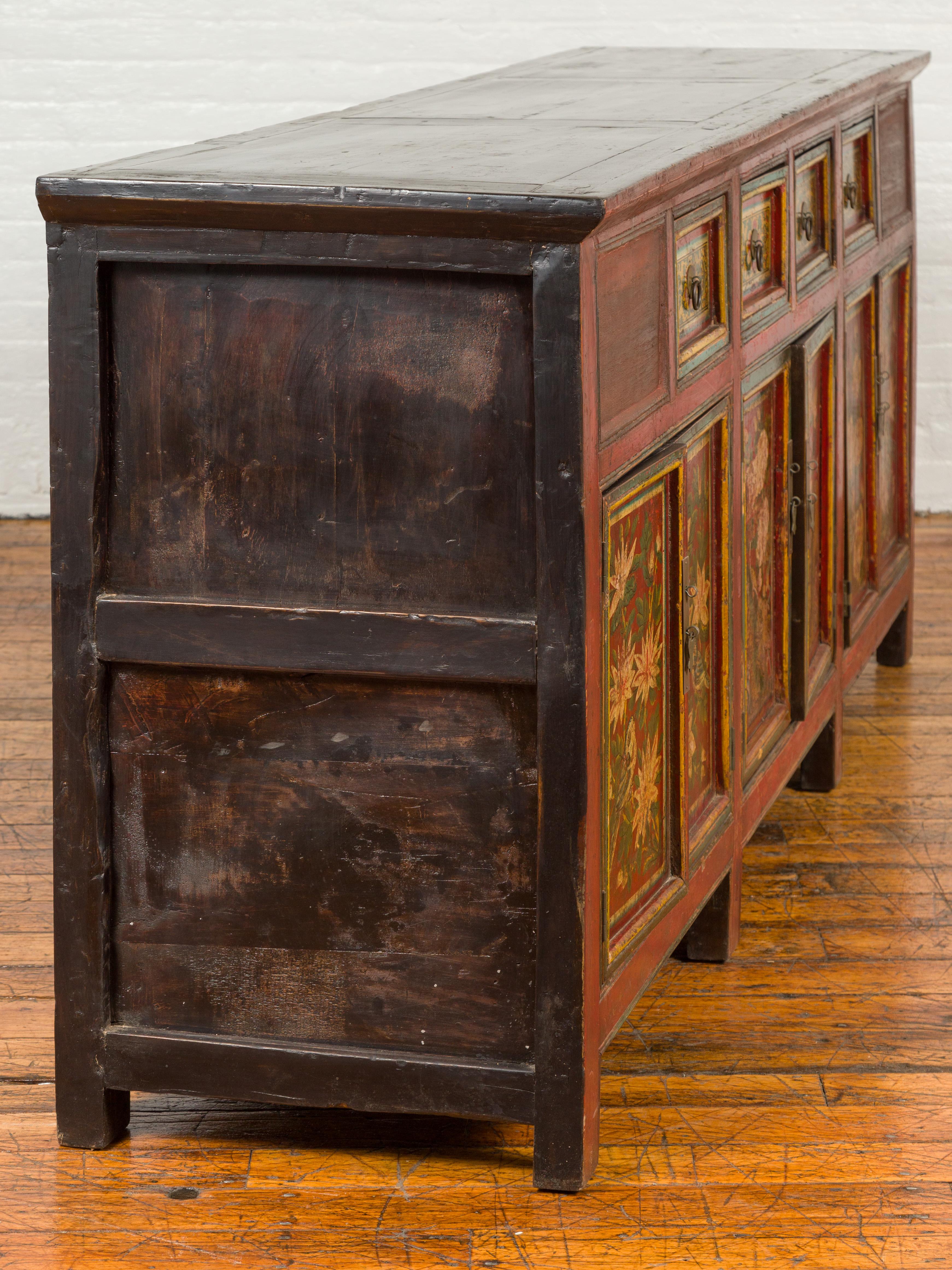 Northern Chinese 19th Century Red Lacquered Buffet with Painted Floral Decor 7