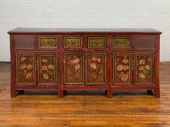 Northern Chinese 19th Century Red Lacquered Buffet with Painted Floral Decor