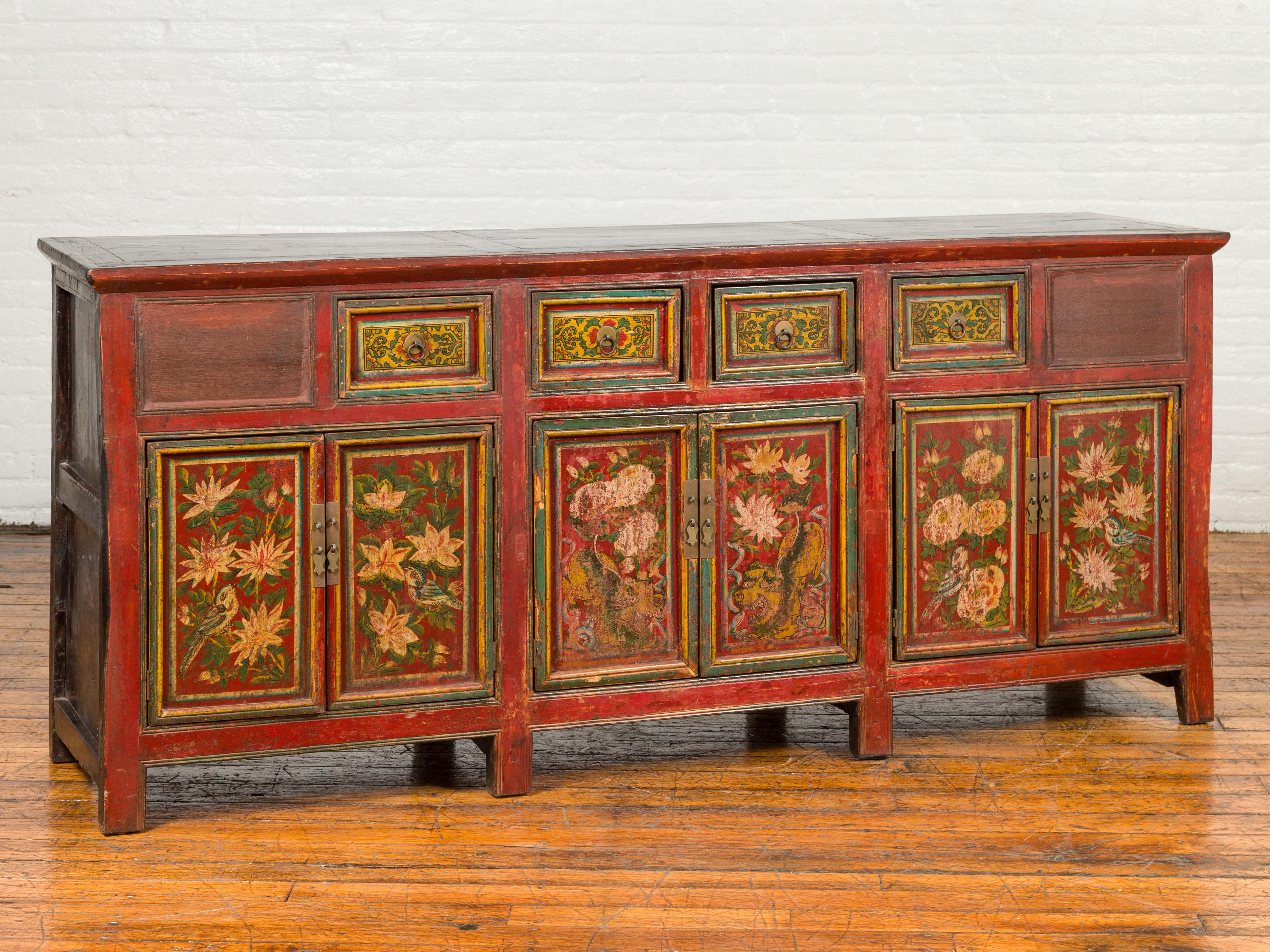 Wood Northern Chinese 19th Century Red Lacquered Buffet with Painted Floral Decor