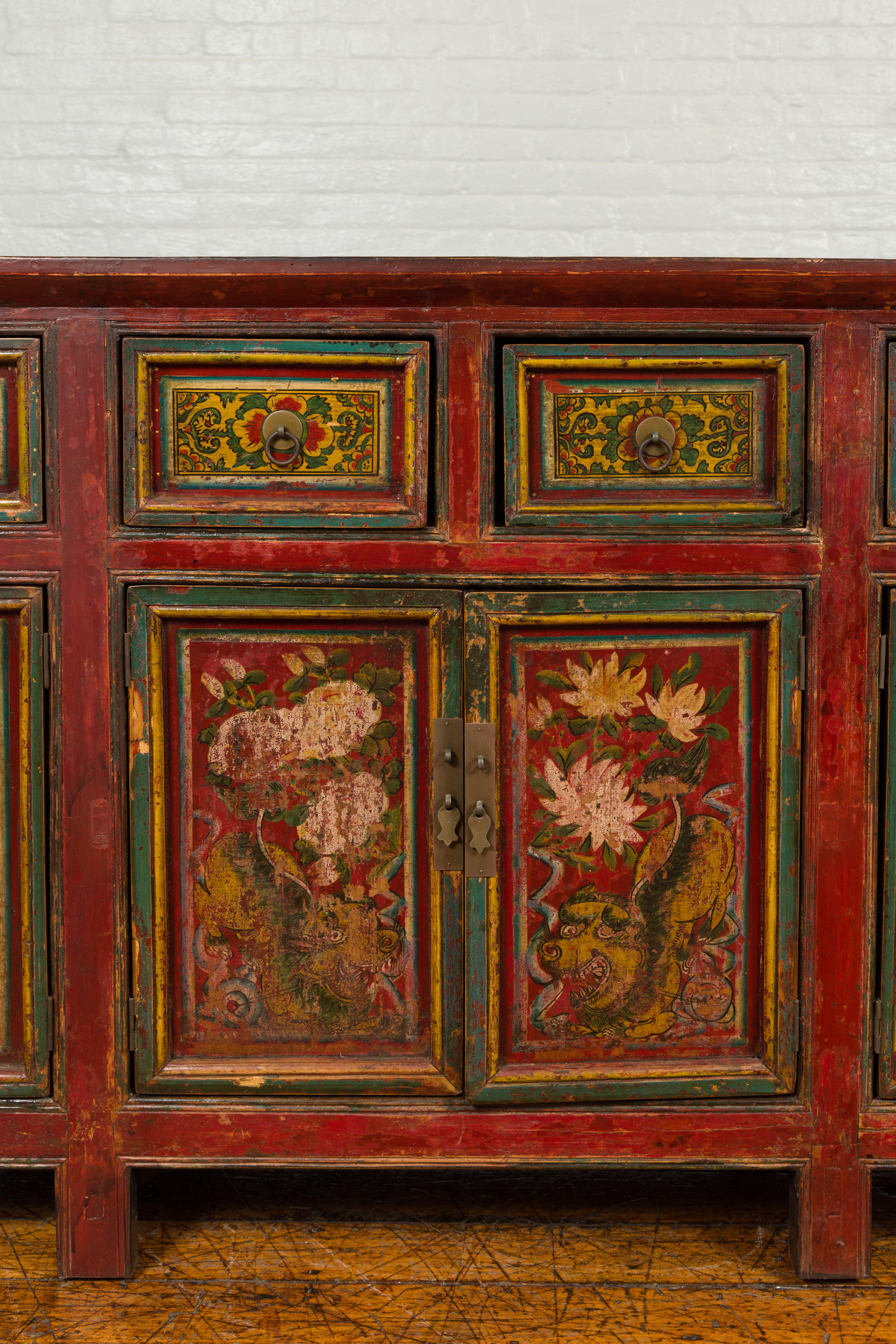 Northern Chinese 19th Century Red Lacquered Buffet with Painted Floral Decor 1