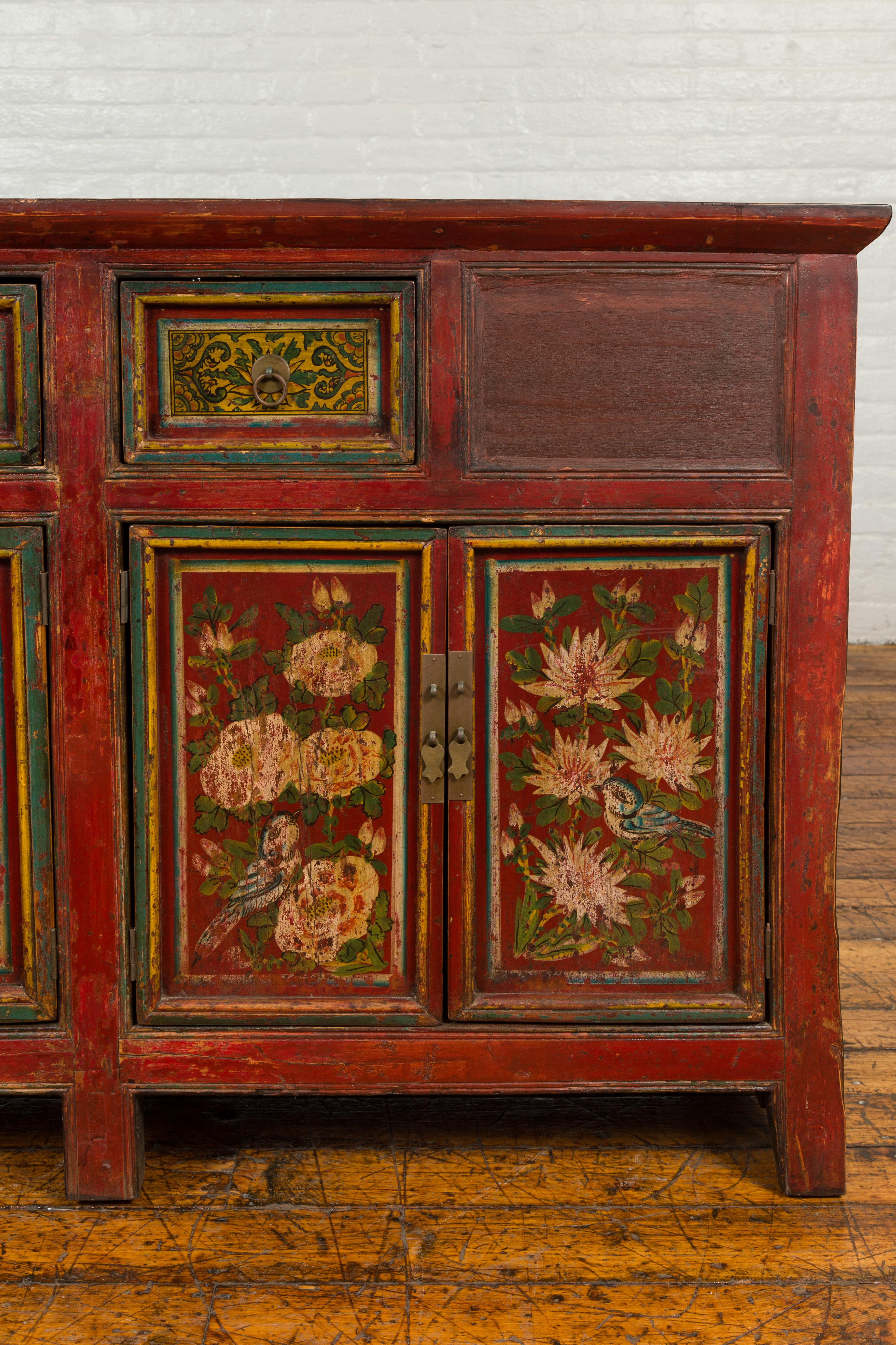 Northern Chinese 19th Century Red Lacquered Buffet with Painted Floral Decor 2