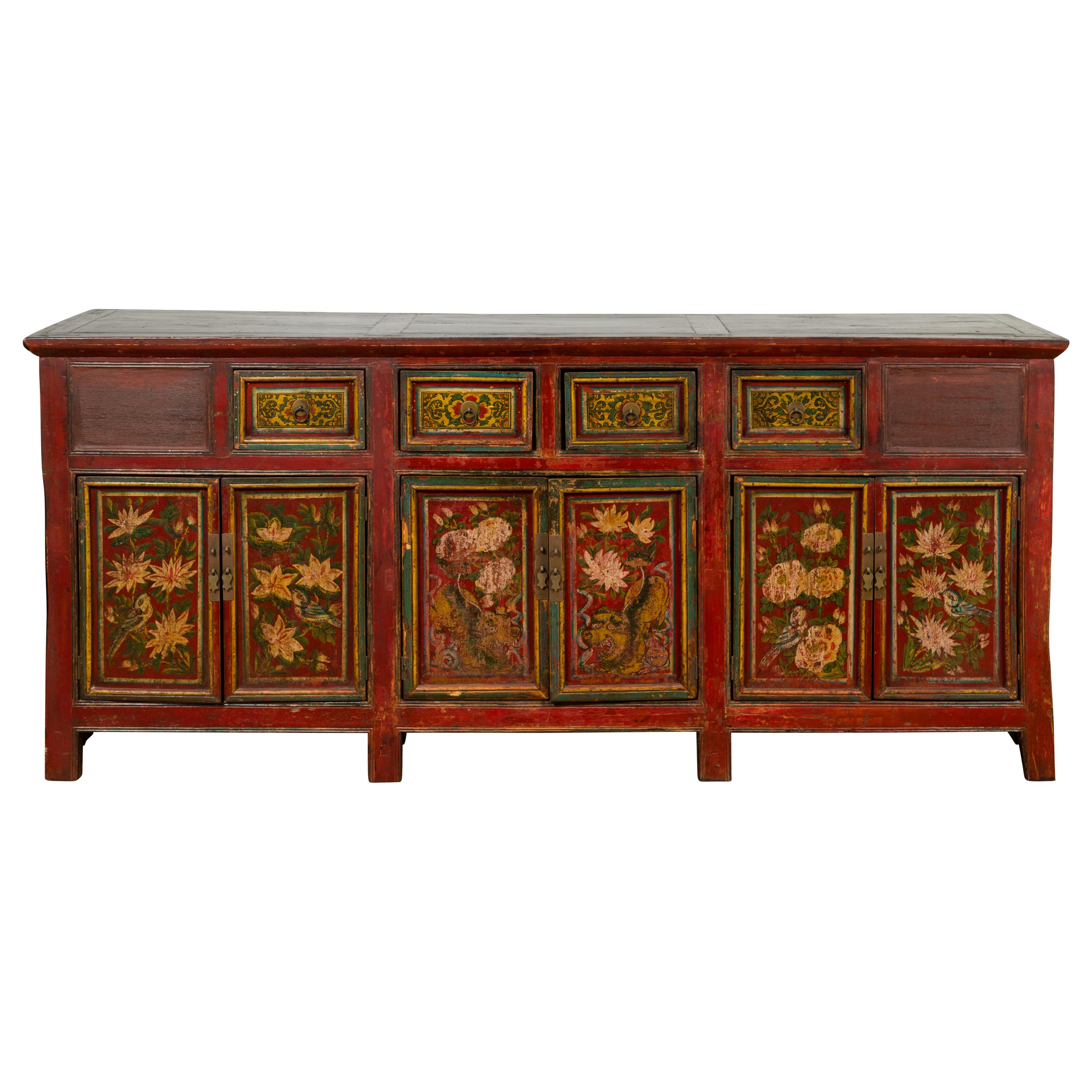 Northern Chinese 19th Century Red Lacquered Buffet with Painted Floral Decor