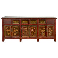 Northern Chinese 19th Century Red Lacquered Buffet with Painted Floral Decor